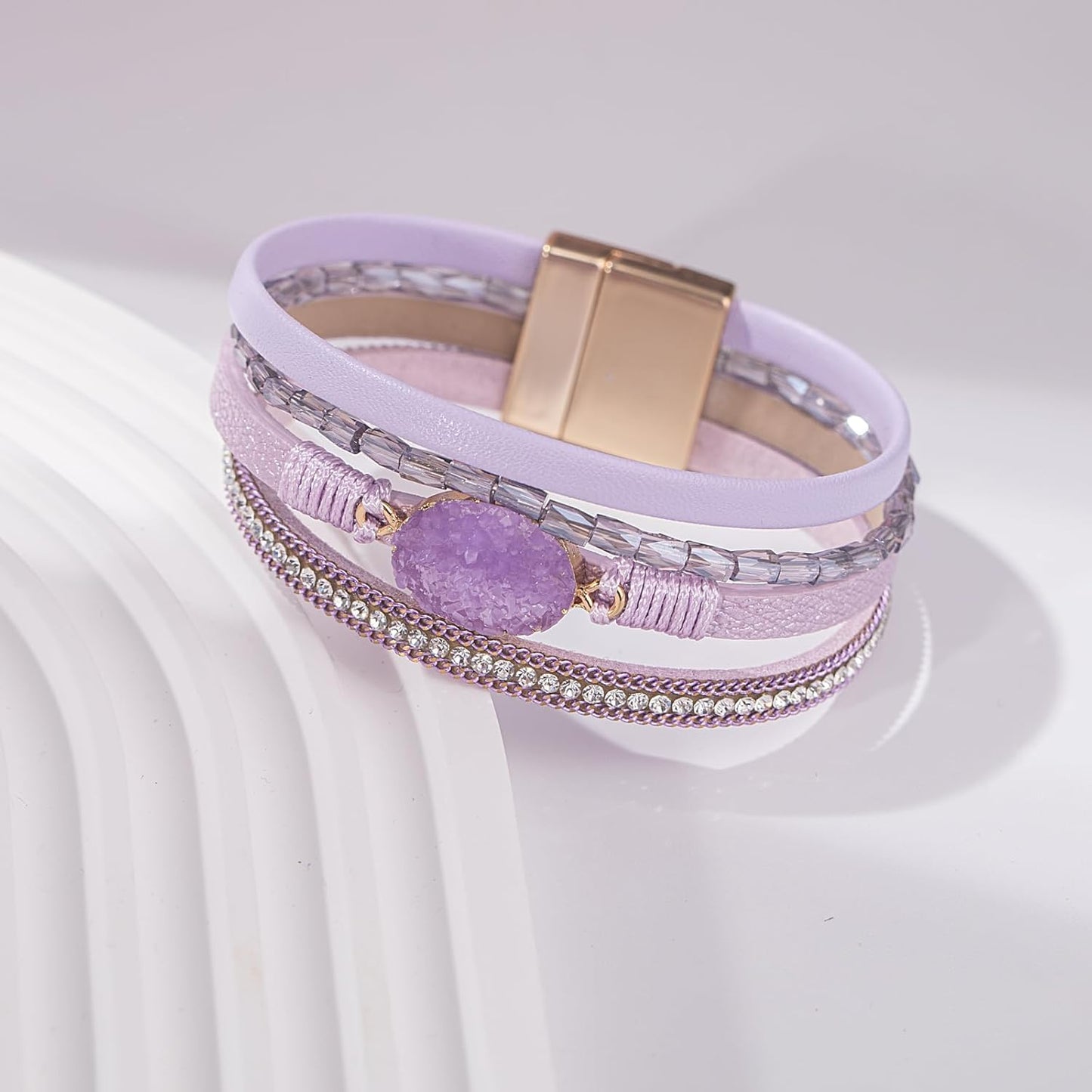 Leather Wrap Bracelet Boho Cuff Bangle Bracelets Crystal Bead Bracelet with Magnetic Clasp Jewelry Gifts for Women