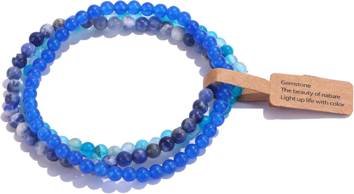 3PCS Crystal Bracelets for Women Men 4mm Semi-Precious Gemstone Beaded Bracelets Round Gemstones Elastic Stretch Bracelet Yoga Bracelets Unisex Jewelry