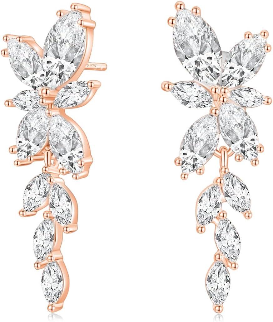 Silver Dangle Earrings for Women Cubic Zirconia Marquise Bridal Wedding Earrings 925 Sterling Silver Post Engagement Earring