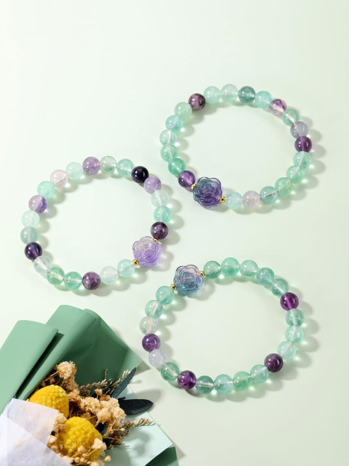 Amethyst Healing Crystal Bracelet for Women 8mm Crystal Stone Beads Rose Flower Charm Stretch Bracelet Handmade Energy Gemstone Bracelet Jewelry Mom Gifts