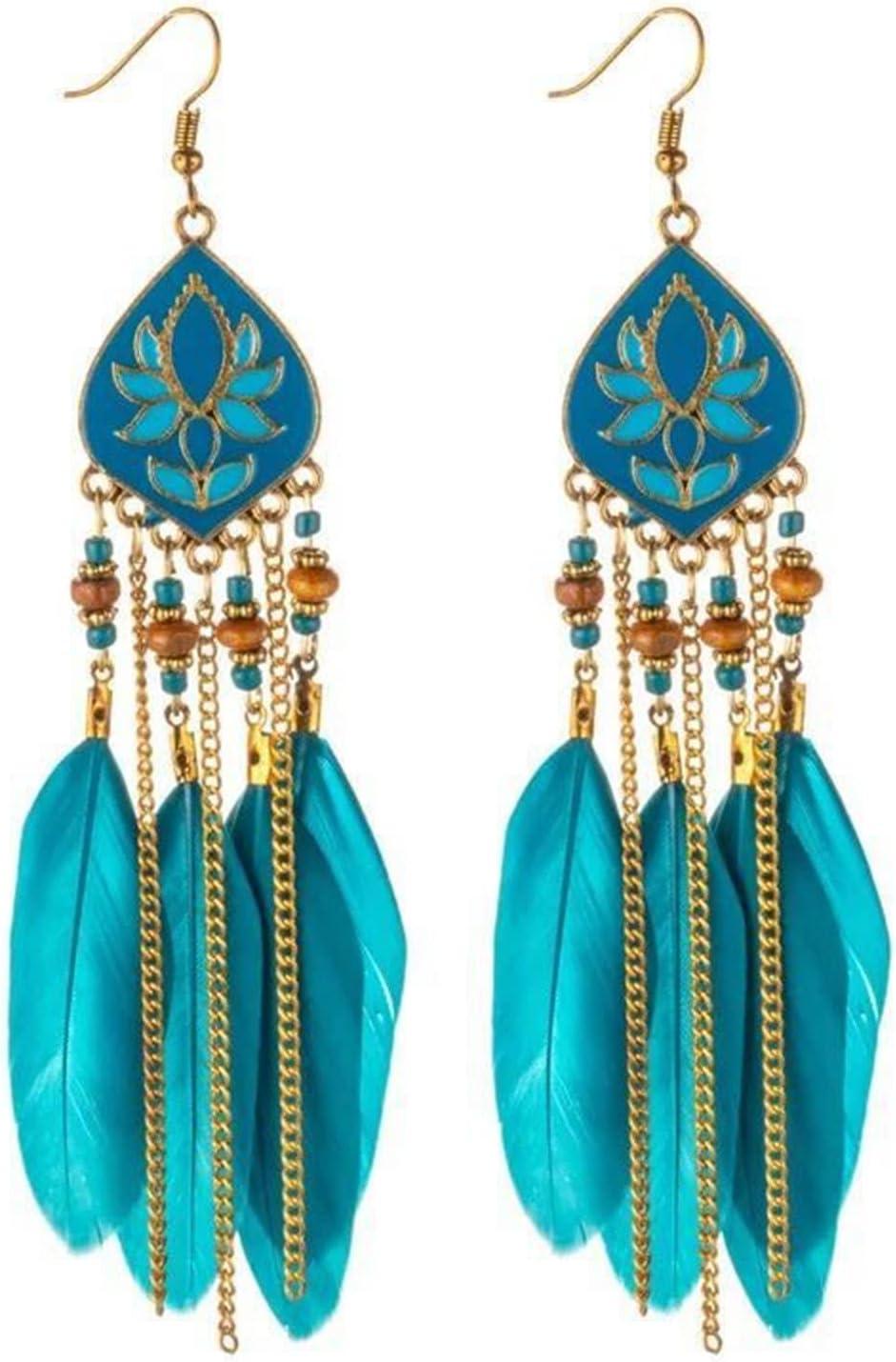Punk Vintage Long Tassel Feather Earrings for Women Bohemian Handmade Natural Pendant Earring Fish Hook Earrings Vintage Boho Multicolor Tassel Feathers Dangle Drop Earrings Jewelry