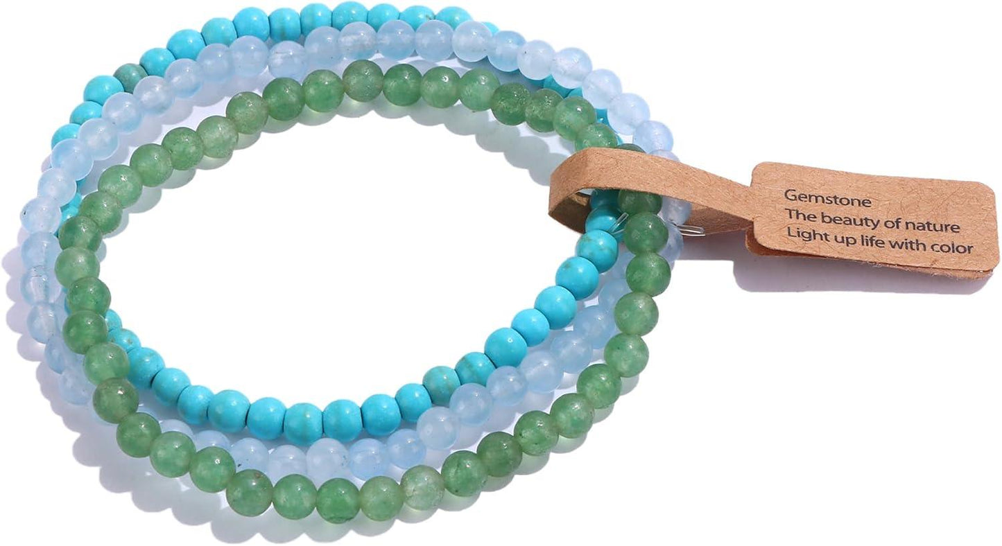 3PCS Crystal Bracelets for Women Men 4mm Semi-Precious Gemstone Beaded Bracelets Round Gemstones Elastic Stretch Bracelet Yoga Bracelets Unisex Jewelry