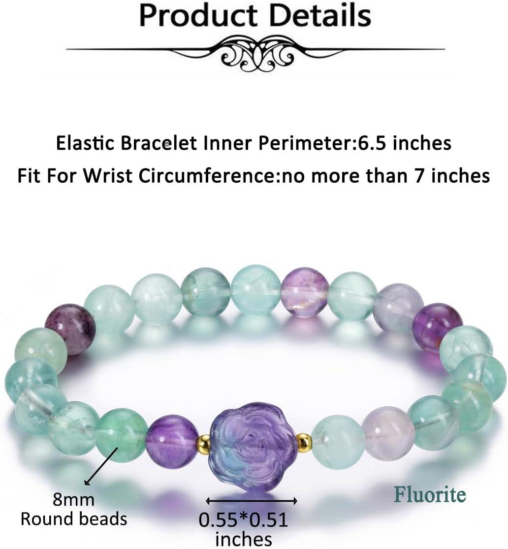 Amethyst Healing Crystal Bracelet for Women 8mm Crystal Stone Beads Rose Flower Charm Stretch Bracelet Handmade Energy Gemstone Bracelet Jewelry Mom Gifts