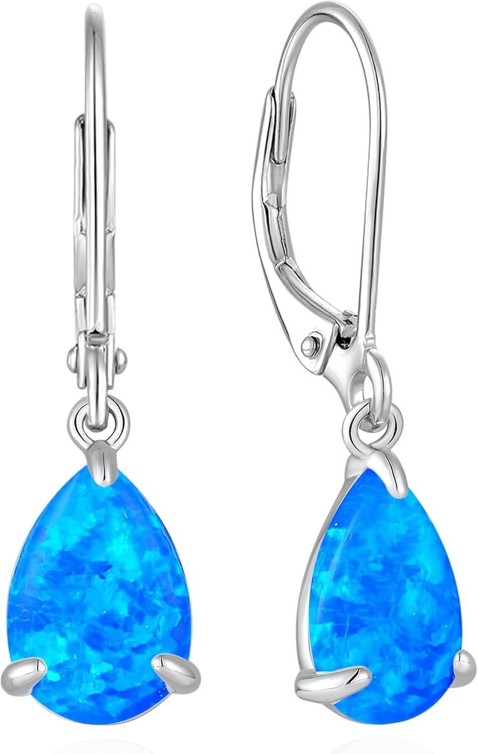 Dangle Drop Earrings 925 Sterling Silver Solitaire Leverback Earring Teardrop Created Opal Jewelry Gifts for Women