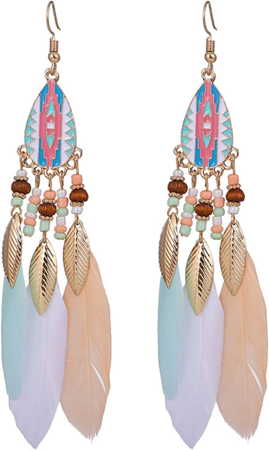 Punk Vintage Long Tassel Feather Earrings for Women Bohemian Handmade Natural Pendant Earring Fish Hook Earrings Vintage Boho Multicolor Tassel Feathers Dangle Drop Earrings Jewelry