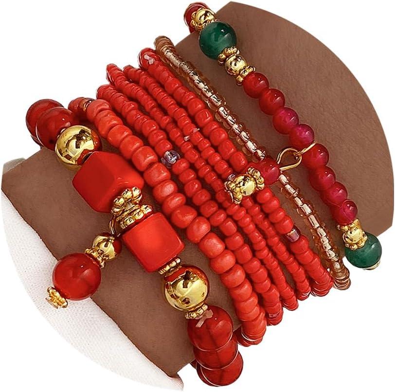 8PCS Beaded Bracelets for Women, Multilayered Stackable Strand Stretch Bead Bracelet Pack Handmade Trendy Bohemian Charm Jewelry