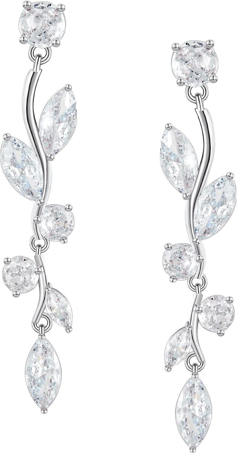 KDTONG Vine Wedding Earrings for Brides, Bridesmaids Earrings Gifts, Leaf Bridal Drop Earrings, Silver Cubic Zirconia Dangling Earrings for Prom Formal Party
