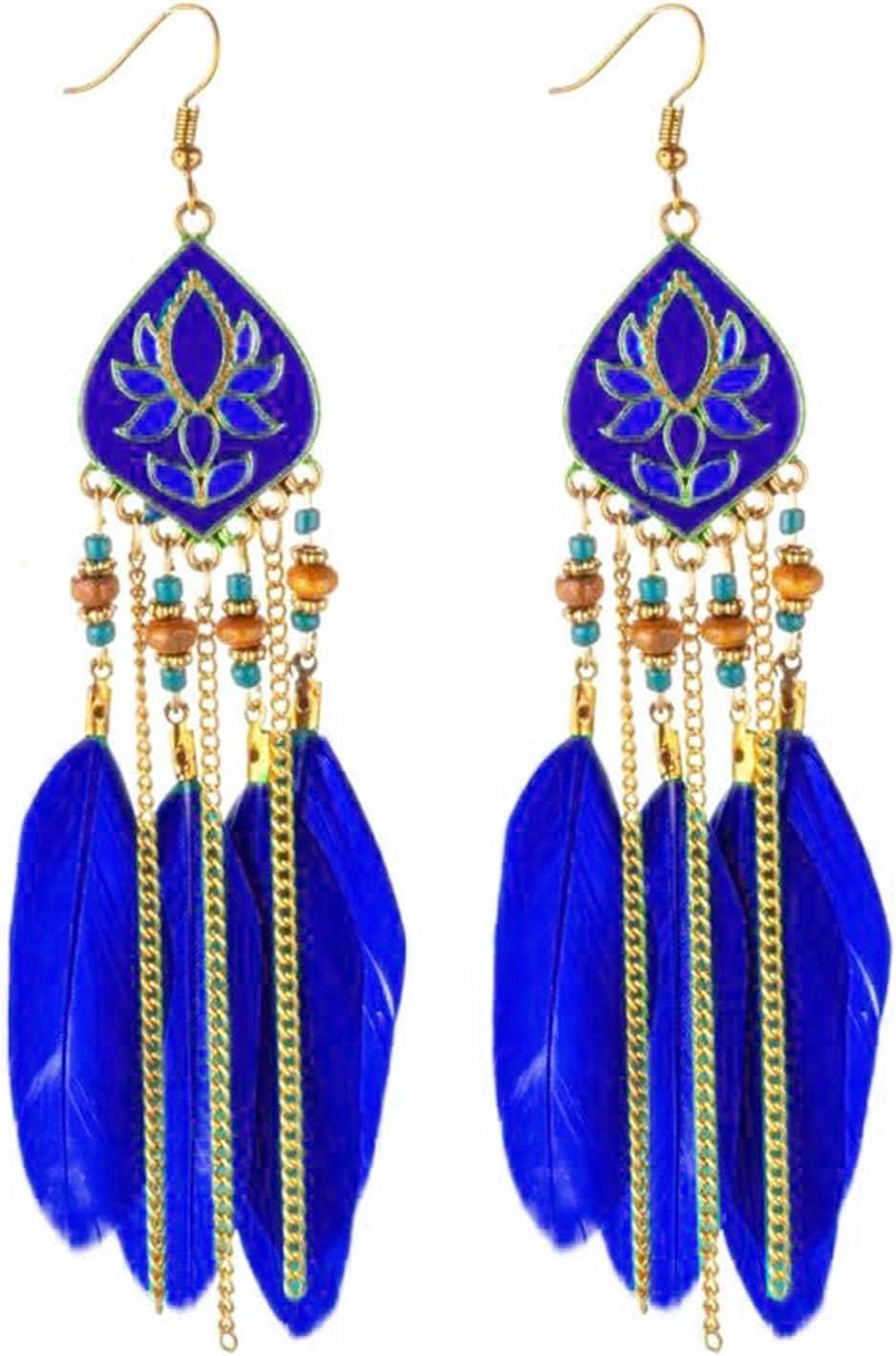 Punk Vintage Long Tassel Feather Earrings for Women Bohemian Handmade Natural Pendant Earring Fish Hook Earrings Vintage Boho Multicolor Tassel Feathers Dangle Drop Earrings Jewelry