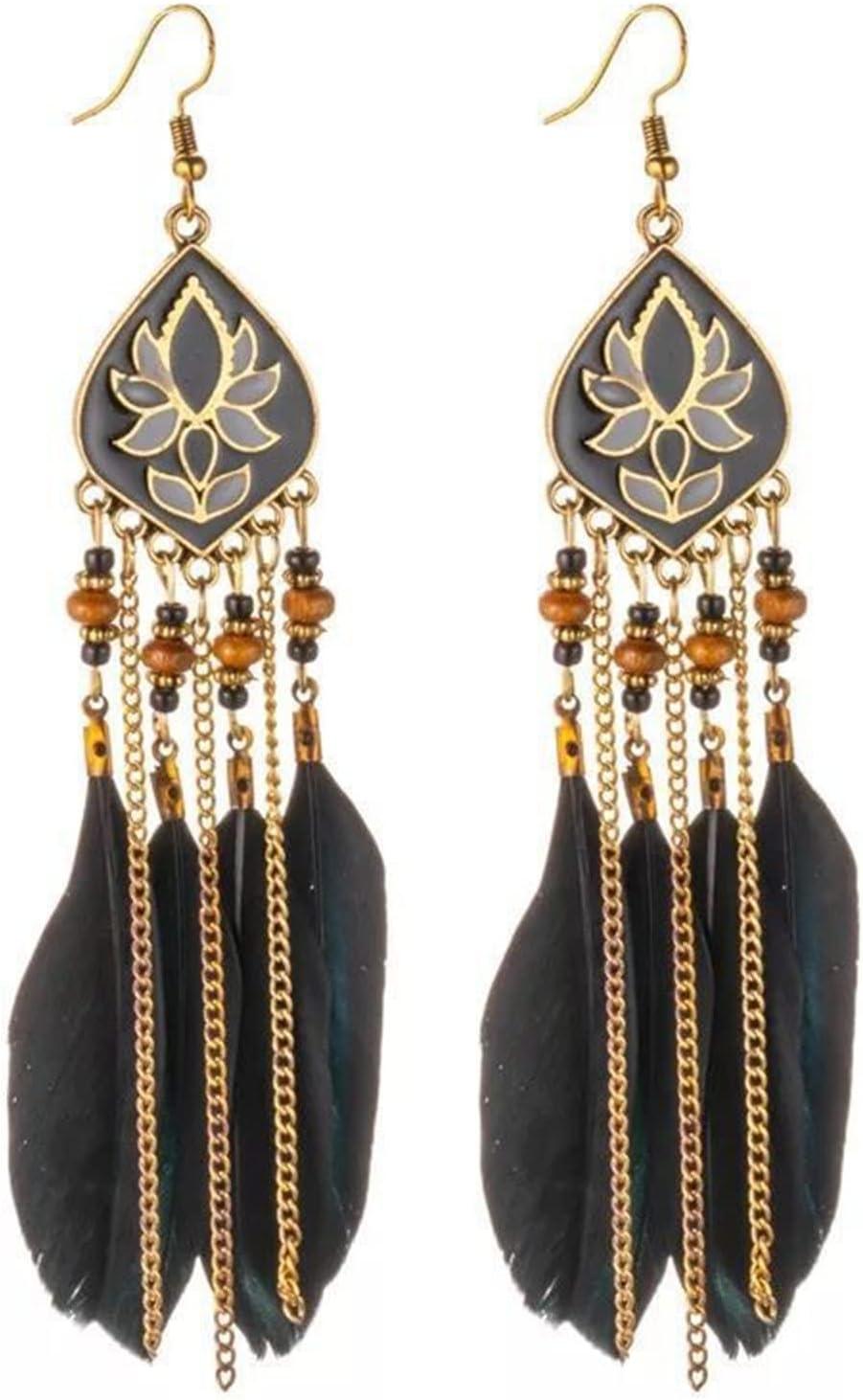 Punk Vintage Long Tassel Feather Earrings for Women Bohemian Handmade Natural Pendant Earring Fish Hook Earrings Vintage Boho Multicolor Tassel Feathers Dangle Drop Earrings Jewelry