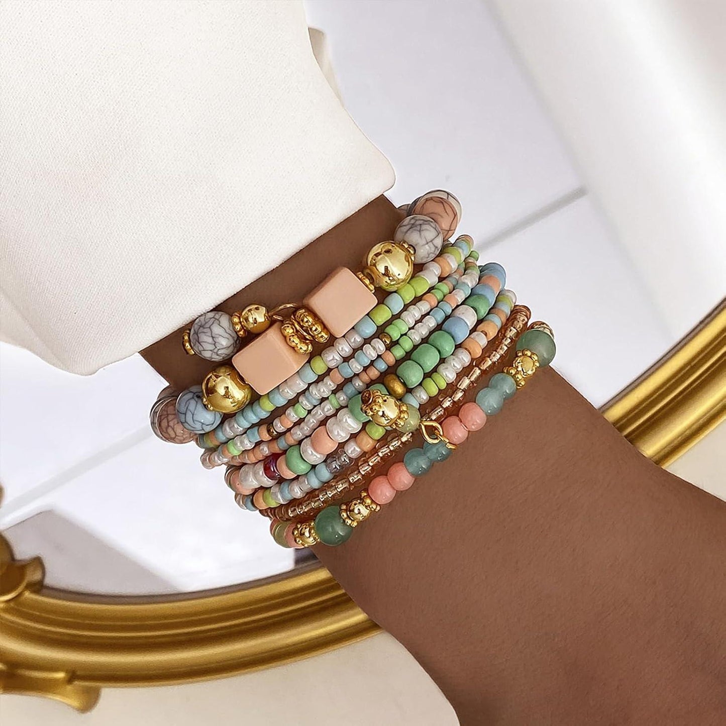 8PCS Beaded Bracelets for Women, Multilayered Stackable Strand Stretch Bead Bracelet Pack Handmade Trendy Bohemian Charm Jewelry