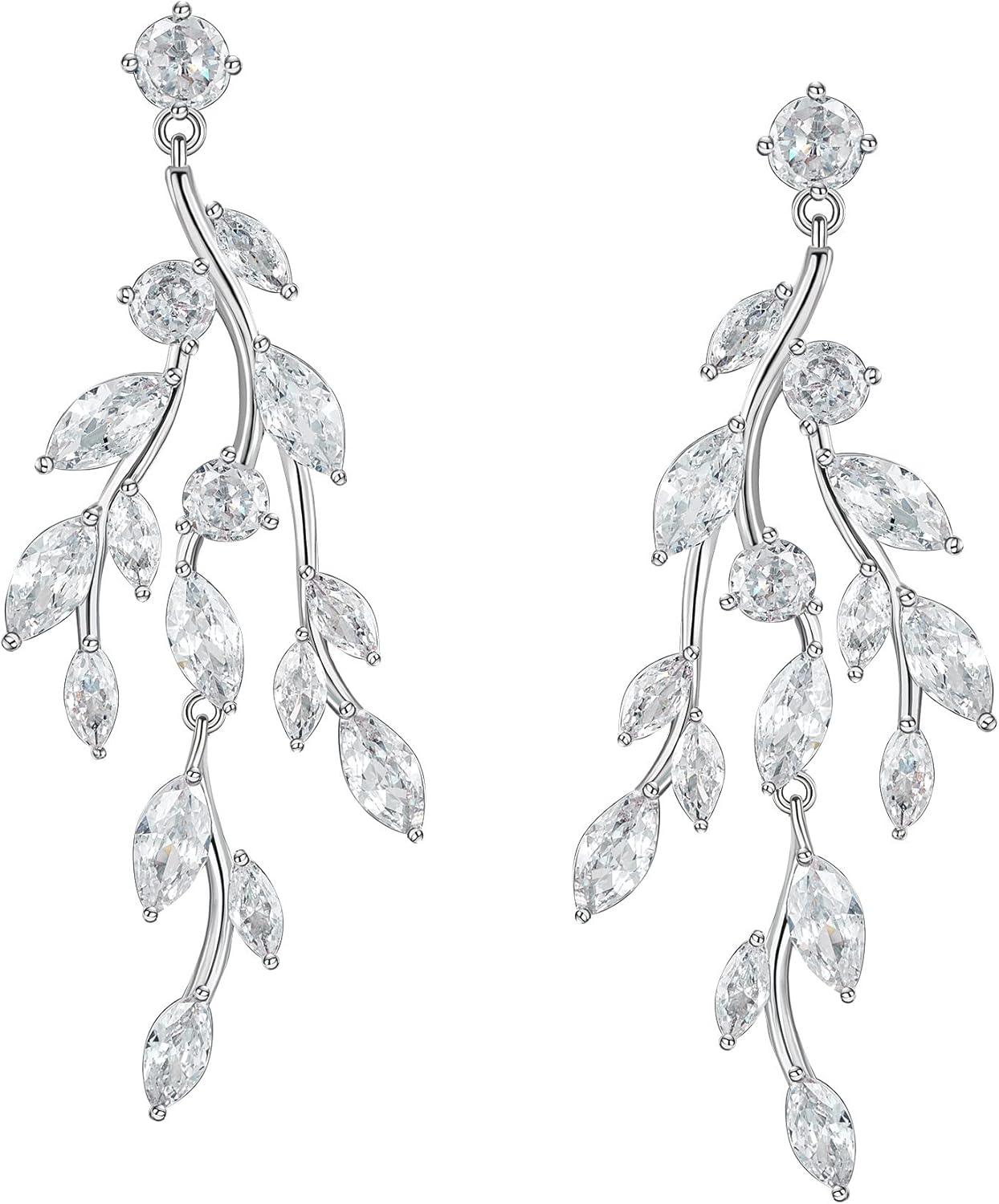 KDTONG Vine Wedding Earrings for Brides, Bridesmaids Earrings Gifts, Leaf Bridal Drop Earrings, Silver Cubic Zirconia Dangling Earrings for Prom Formal Party