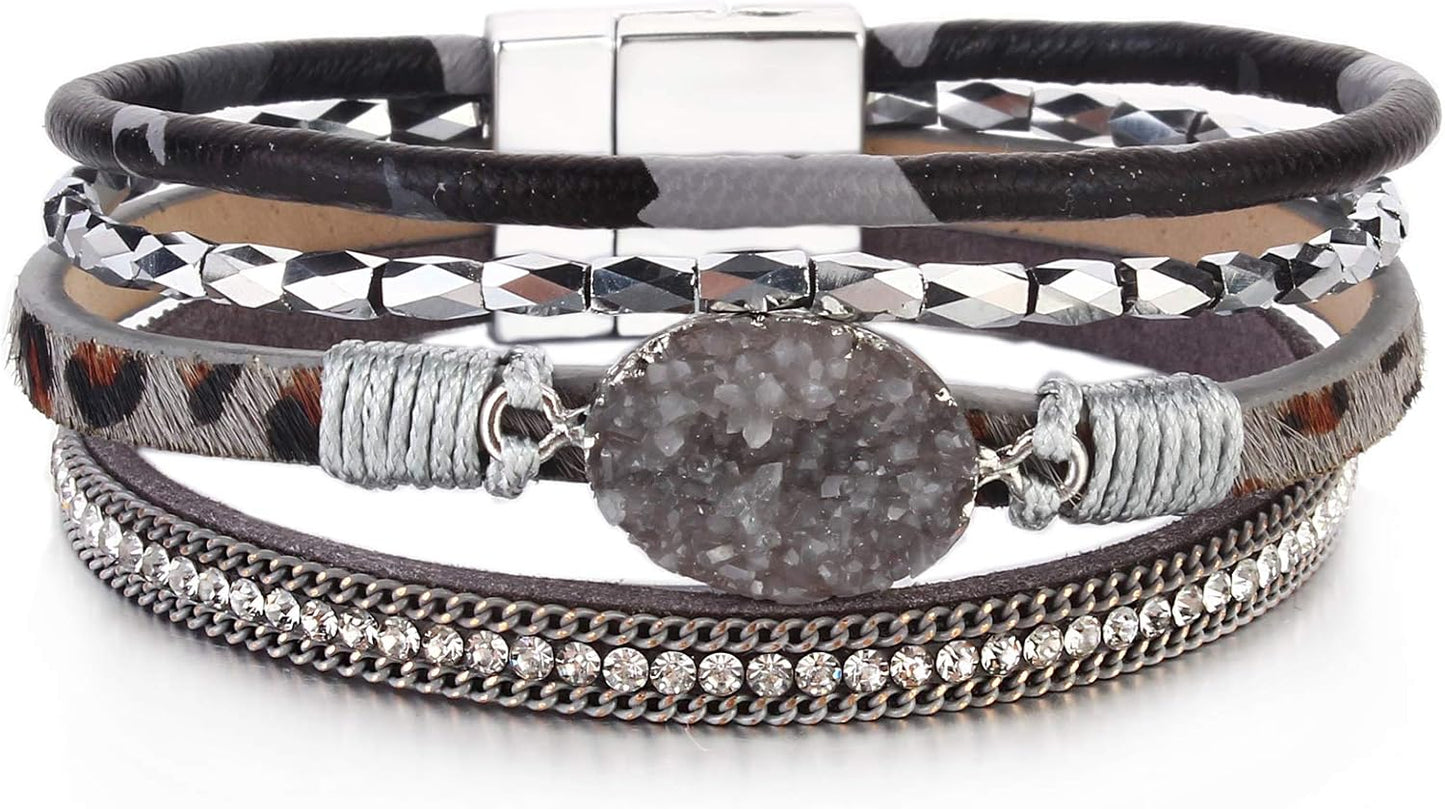 Leather Wrap Bracelet Boho Cuff Bangle Bracelets Crystal Bead Bracelet with Magnetic Clasp Jewelry Gifts for Women
