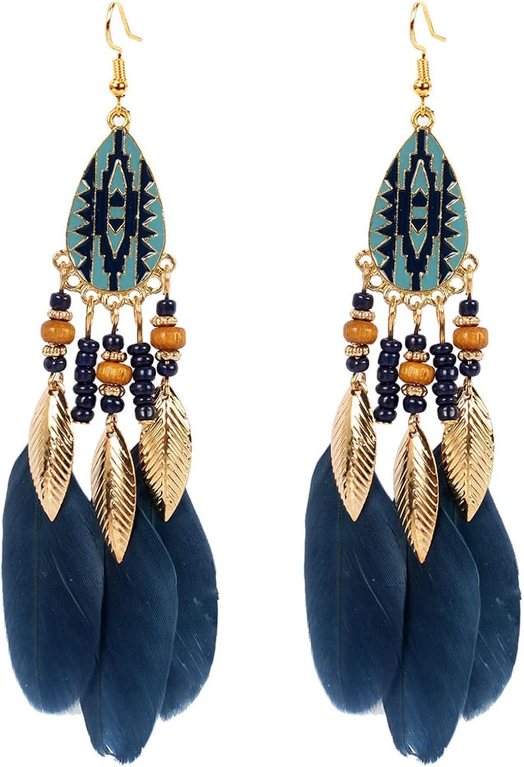 Punk Vintage Long Tassel Feather Earrings for Women Bohemian Handmade Natural Pendant Earring Fish Hook Earrings Vintage Boho Multicolor Tassel Feathers Dangle Drop Earrings Jewelry