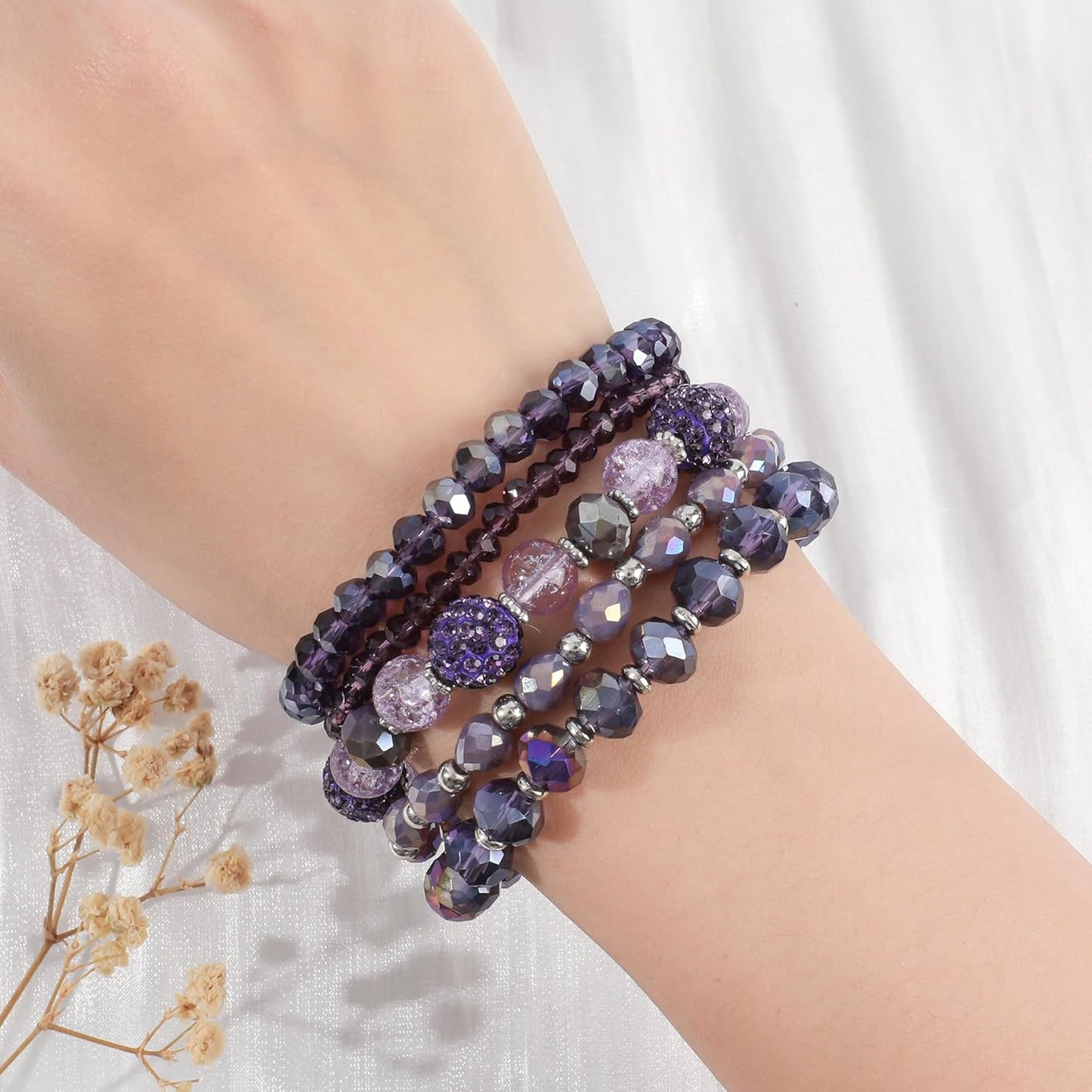 Bohemian Beaded Bracelets for Women Stackable Glass Beads Stretch Bracelets Boho Multilayered Disco Ball Faceted Crystal Beads Bracelet Set Handmade Trendy Jewelry Gift for Women
