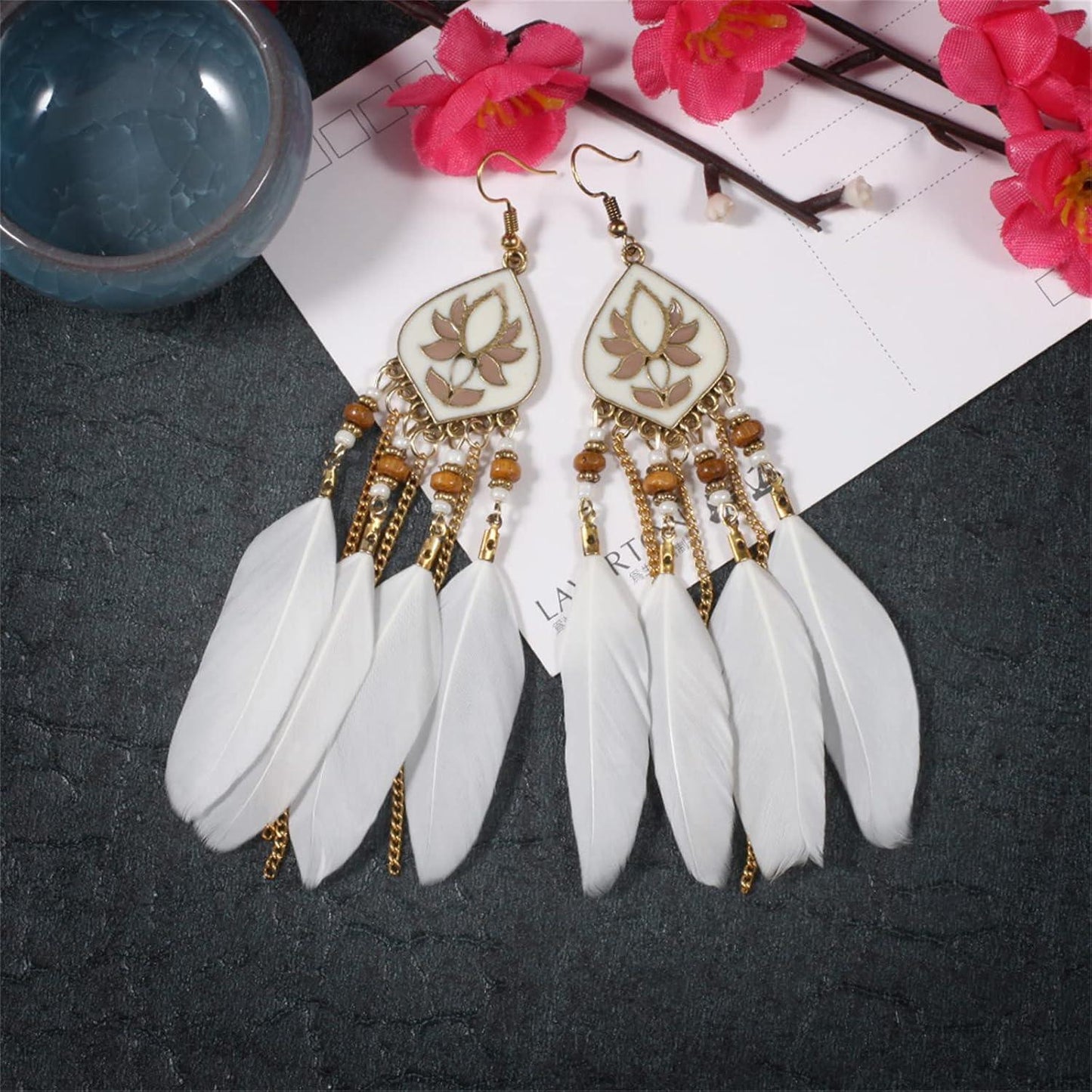 Punk Vintage Long Tassel Feather Earrings for Women Bohemian Handmade Natural Pendant Earring Fish Hook Earrings Vintage Boho Multicolor Tassel Feathers Dangle Drop Earrings Jewelry