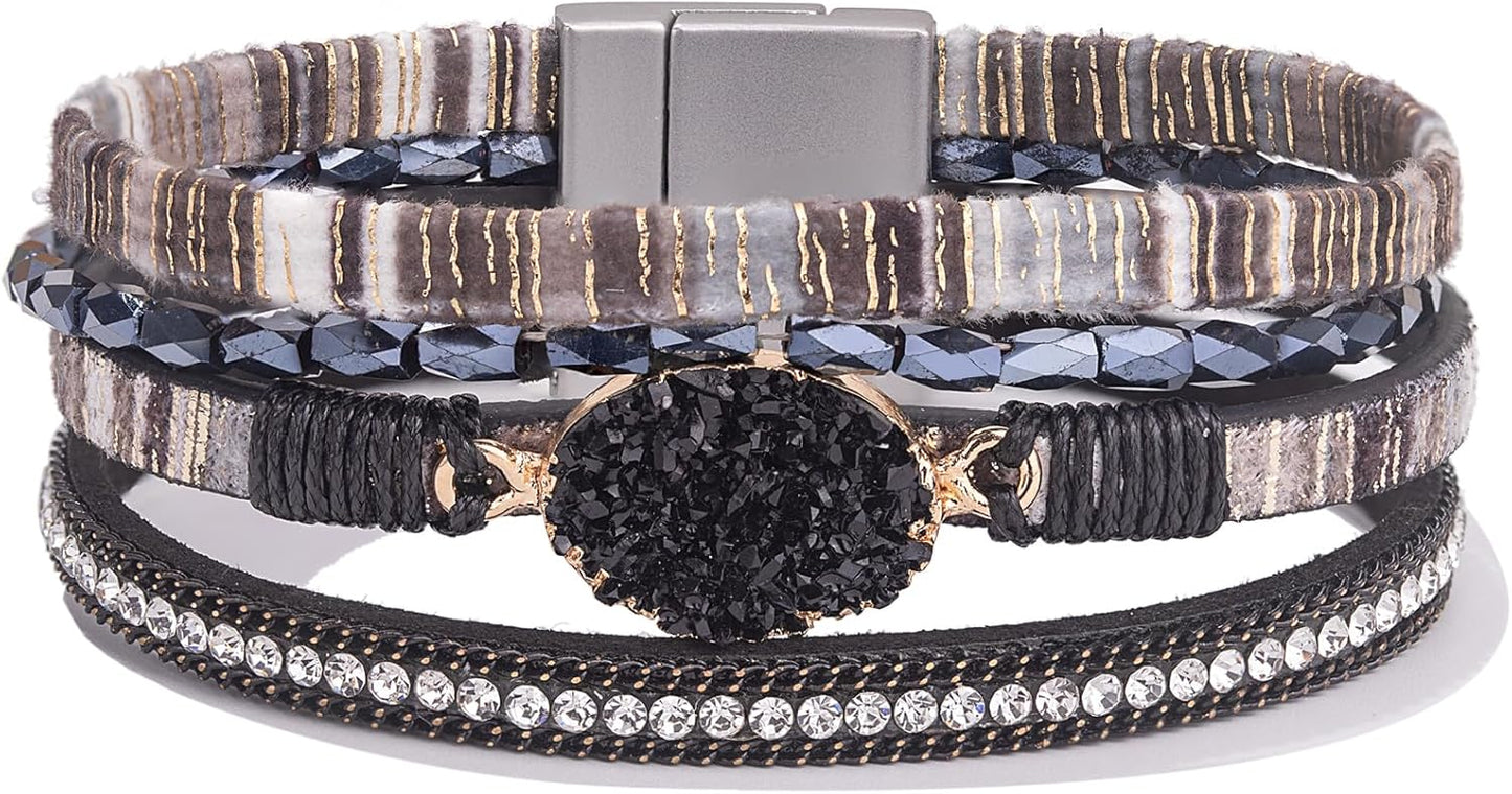 Leather Wrap Bracelet Boho Cuff Bangle Bracelets Crystal Bead Bracelet with Magnetic Clasp Jewelry Gifts for Women