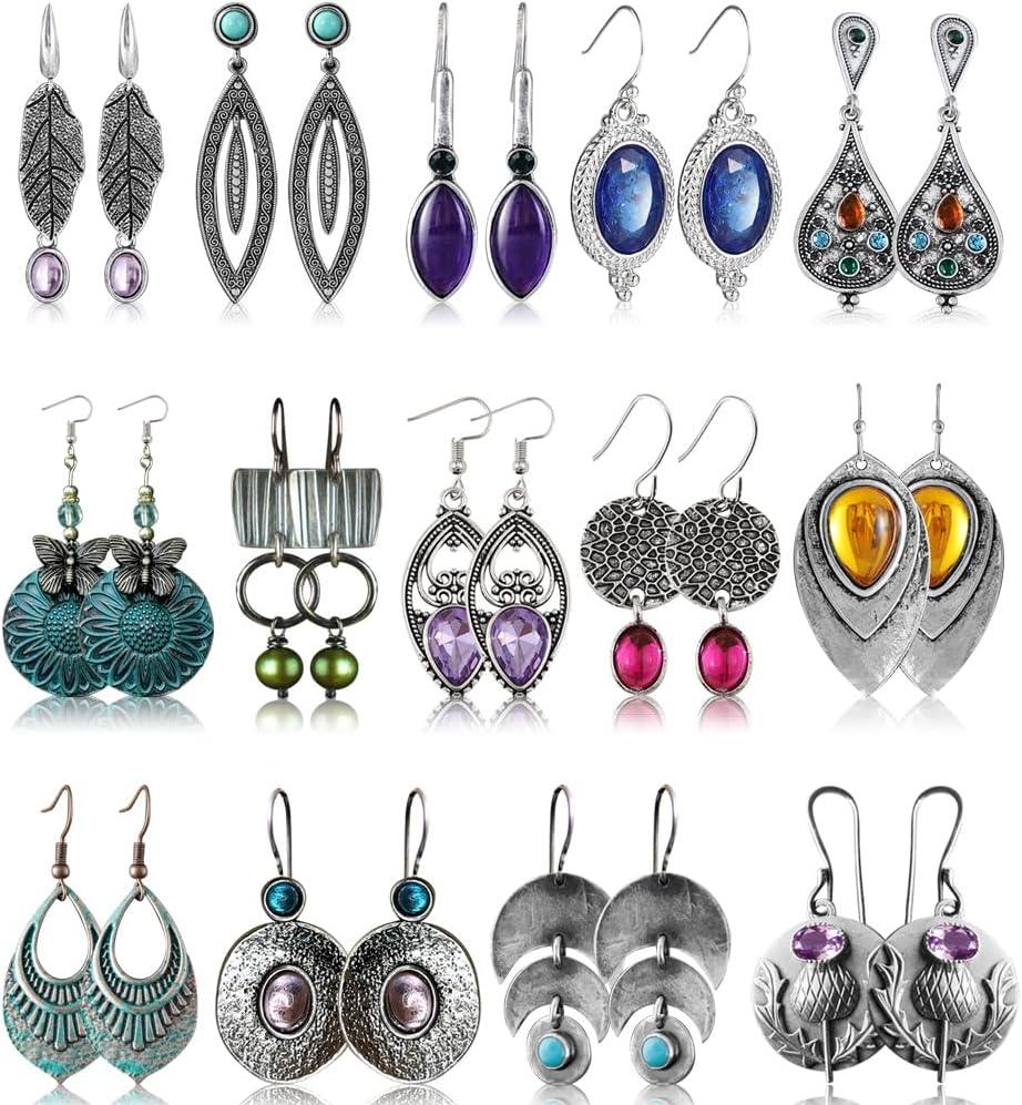 KDTONG 12 Pairs Teardrop Druse Crystal Drop Dangle Earrings for Women Cubic Zirconia Huggie Hoop Earring Jewelry Set Christmas Gifts