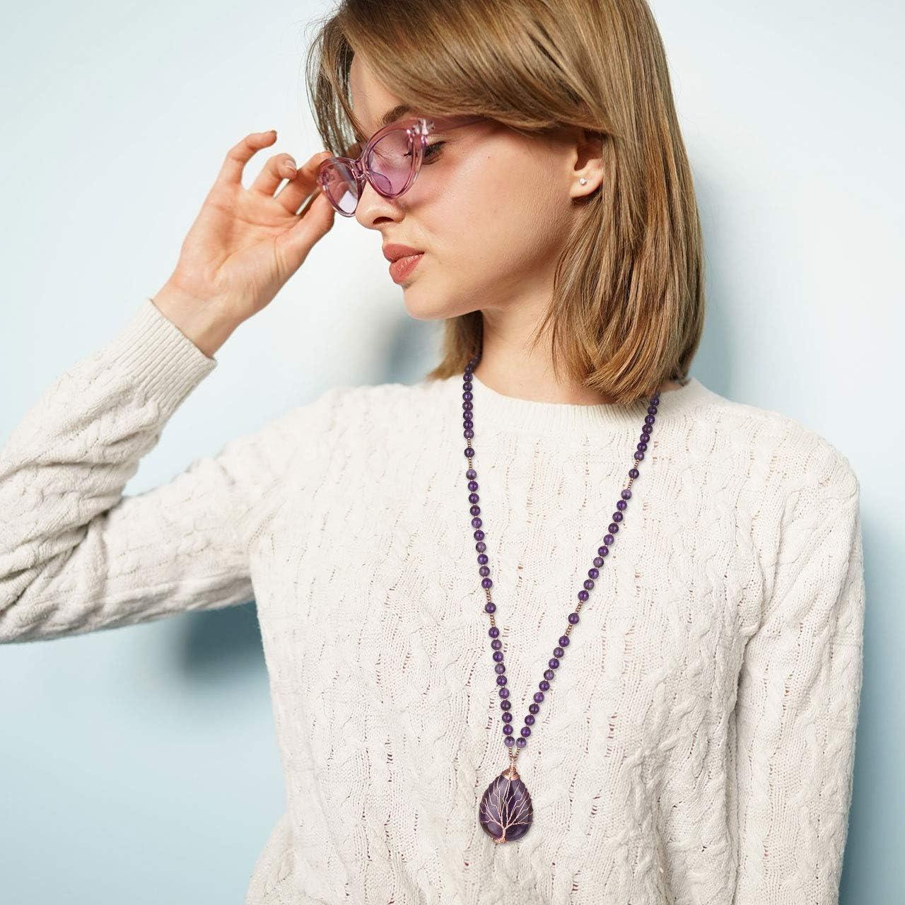 KDTONG Healing Crystal Amethyst Necklace Natural Stone Beads Life Tree Wire Wrapped Teardrop Gemstone Pendant Jewelry for Women Mom