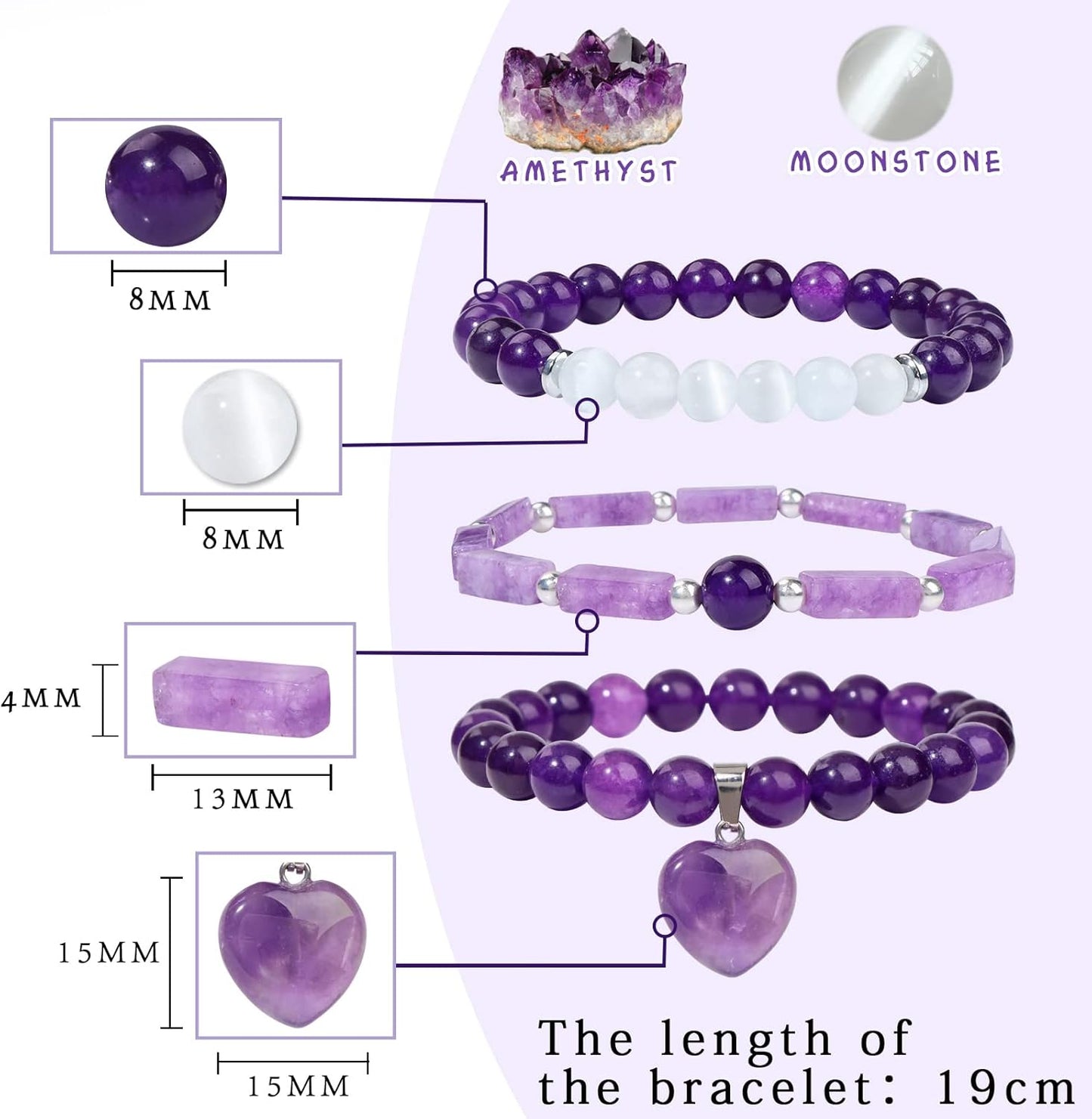Healing Crystal Beaded Bracelets for Women,Natural Amethyst Gemstones Bracelet,Anxiety Stress Relief Heart Charm Bracelet Handmade purple Jewelry Gifts for Women