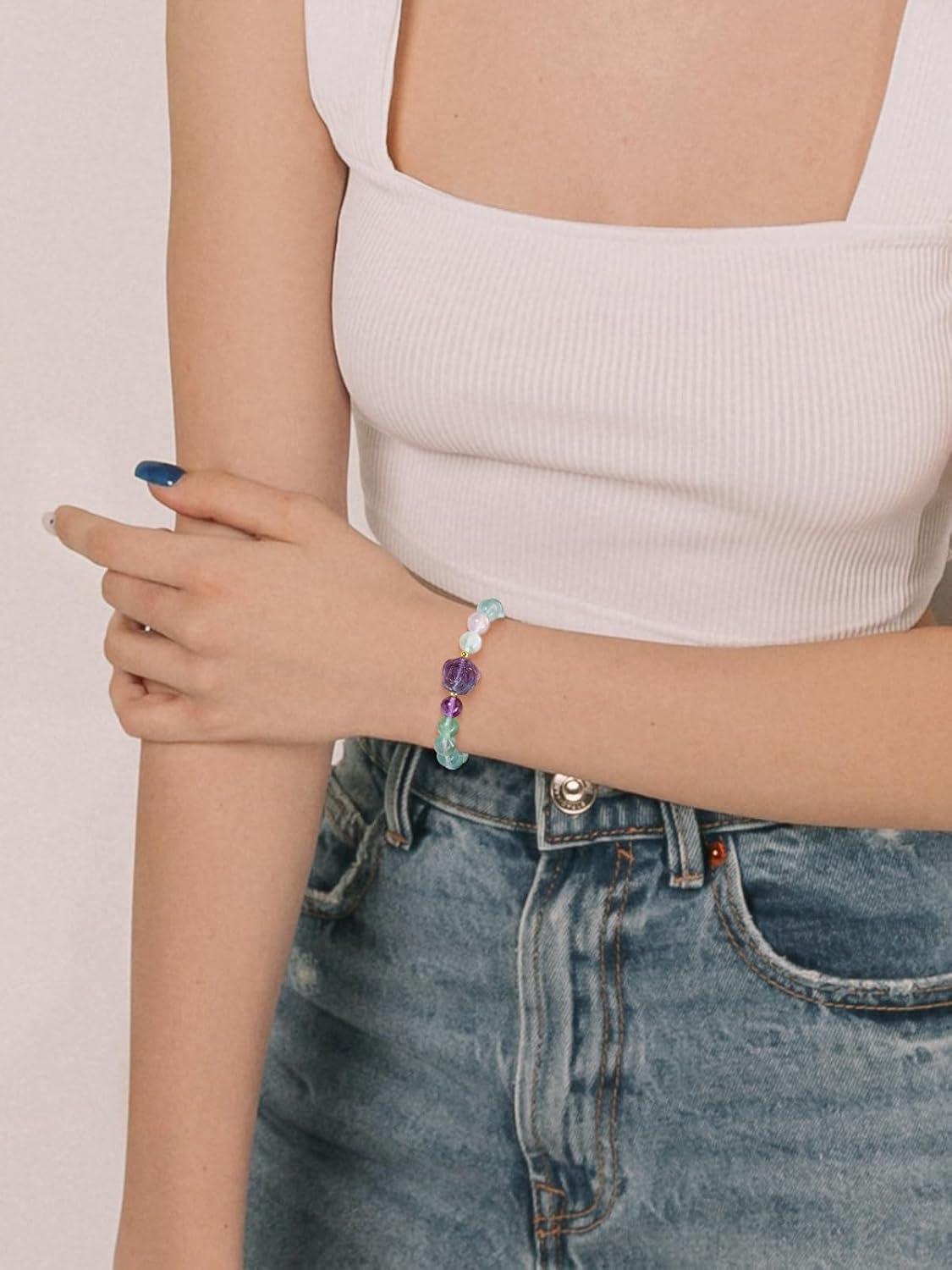 Amethyst Healing Crystal Bracelet for Women 8mm Crystal Stone Beads Rose Flower Charm Stretch Bracelet Handmade Energy Gemstone Bracelet Jewelry Mom Gifts