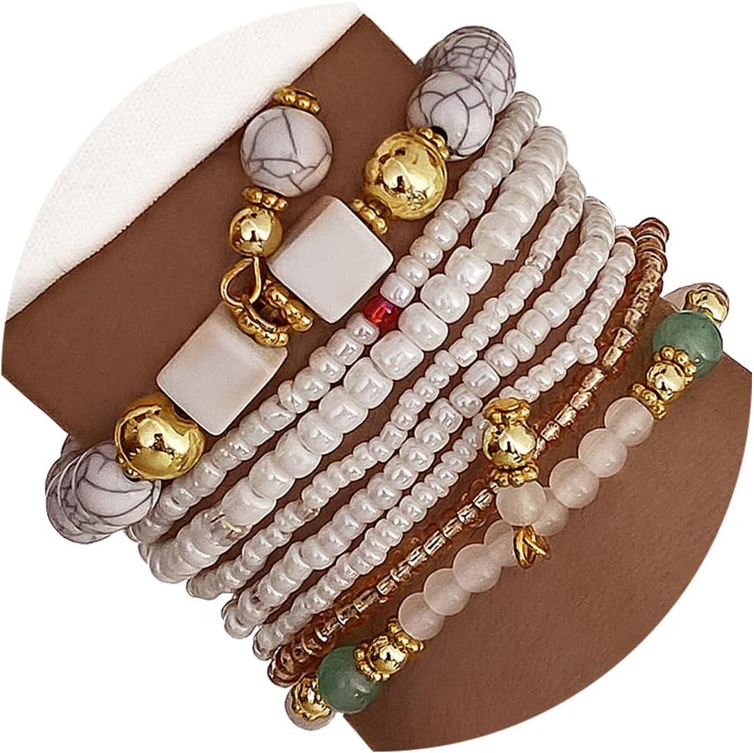 8PCS Beaded Bracelets for Women, Multilayered Stackable Strand Stretch Bead Bracelet Pack Handmade Trendy Bohemian Charm Jewelry