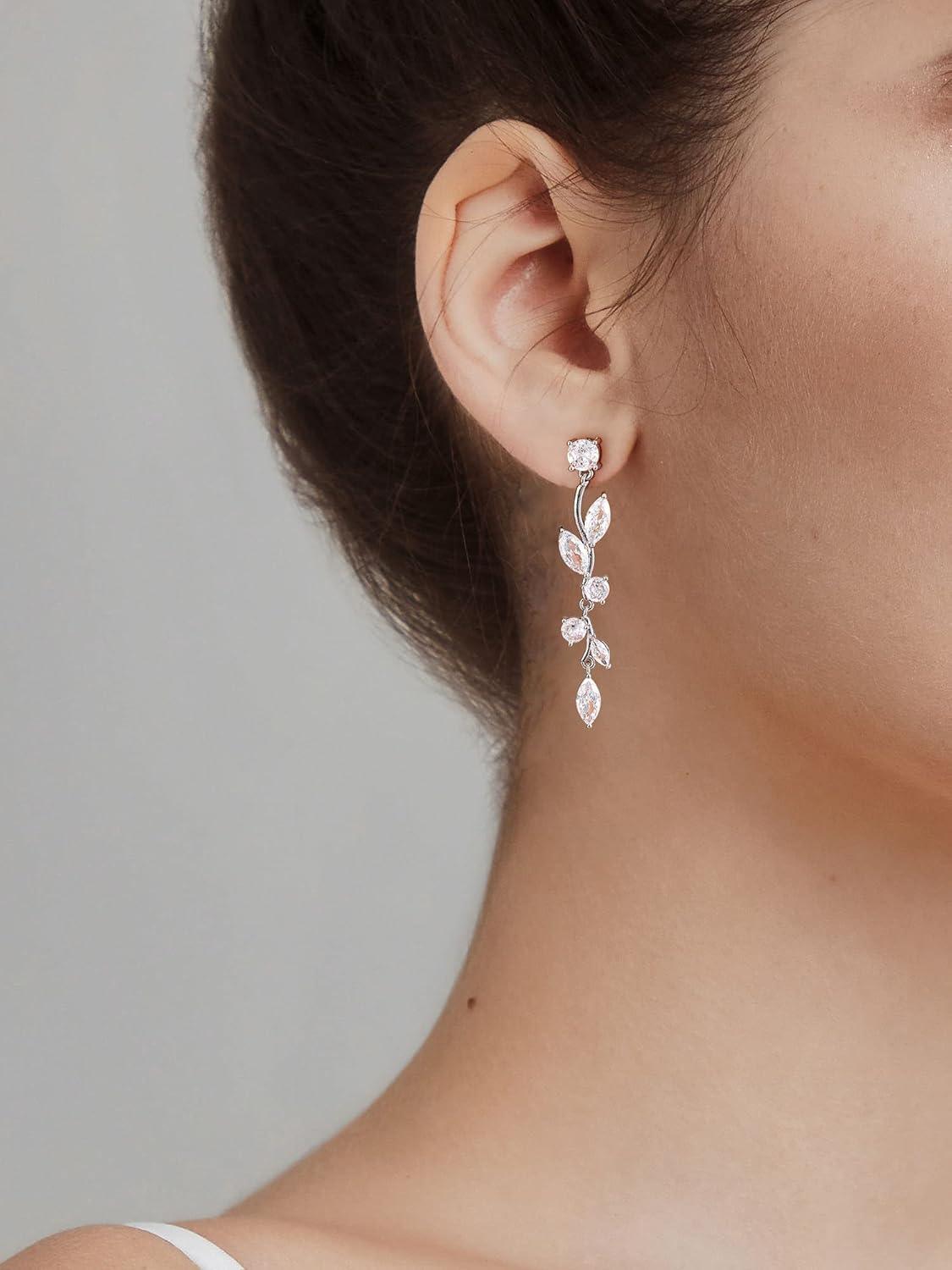 KDTONG Vine Wedding Earrings for Brides, Bridesmaids Earrings Gifts, Leaf Bridal Drop Earrings, Silver Cubic Zirconia Dangling Earrings for Prom Formal Party