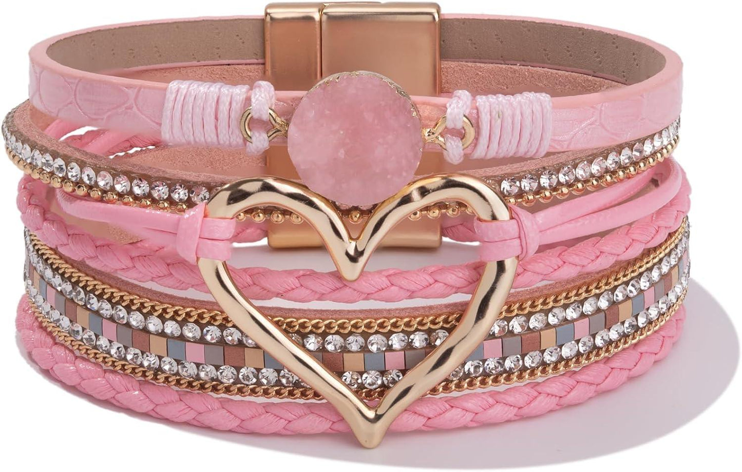 Heart Leather Wrap Bracelets Stackable Boho Cuff Bangles Trendy Resin Stone Rhinestone Bracelets with Magnetic Clasp for Women Mother Gift Jewelry
