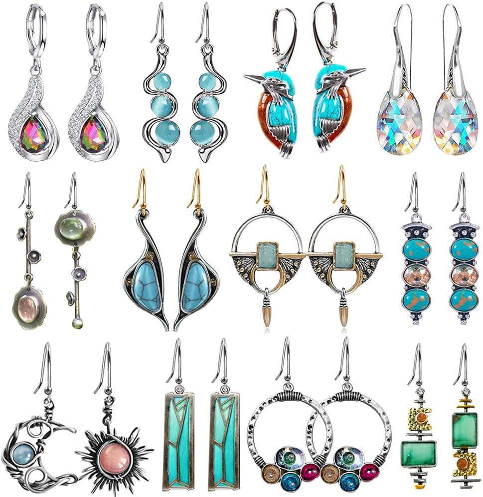 KDTONG 12 Pairs Teardrop Druse Crystal Drop Dangle Earrings for Women Cubic Zirconia Huggie Hoop Earring Jewelry Set Christmas Gifts