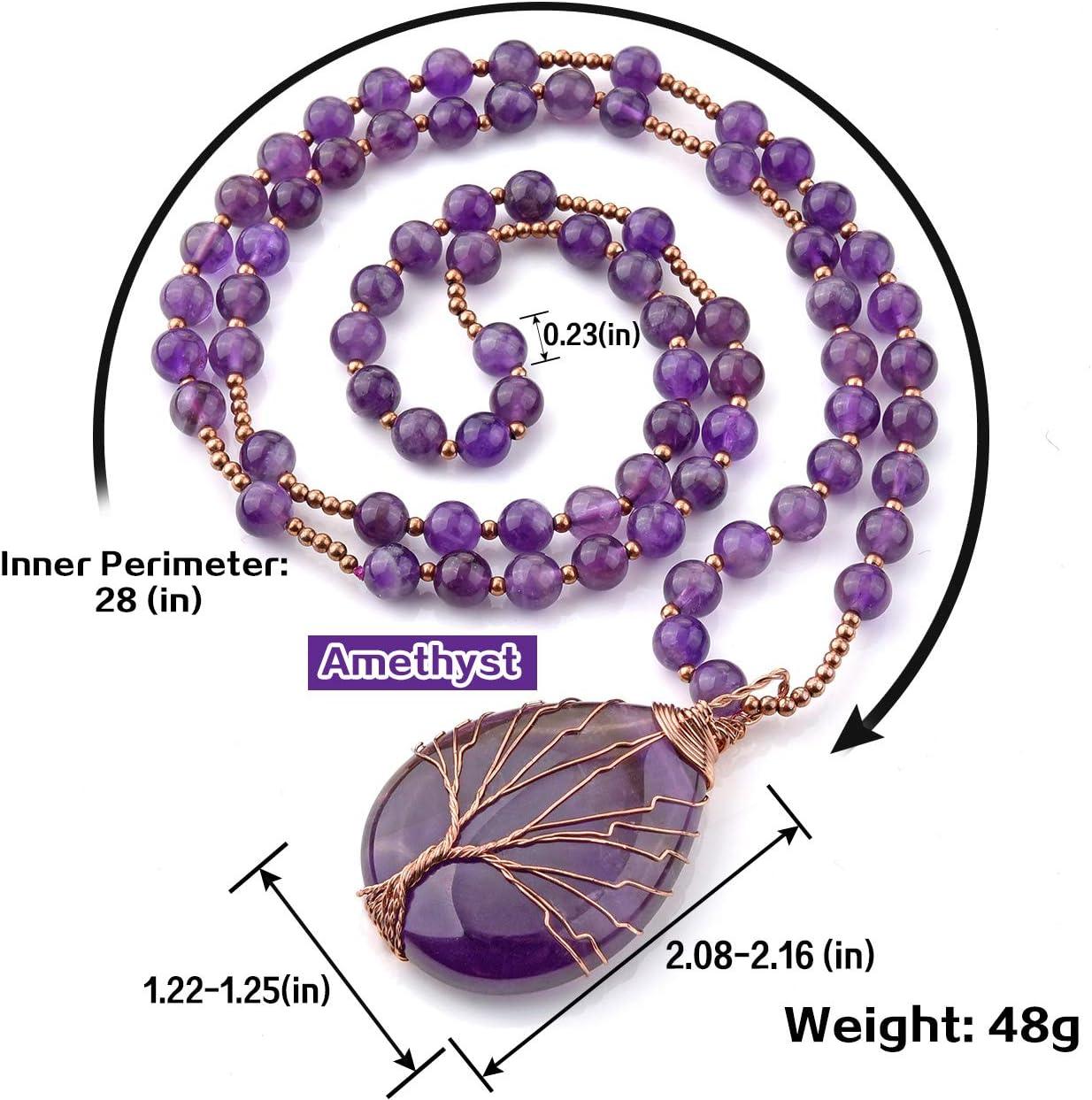 KDTONG Healing Crystal Amethyst Necklace Natural Stone Beads Life Tree Wire Wrapped Teardrop Gemstone Pendant Jewelry for Women Mom