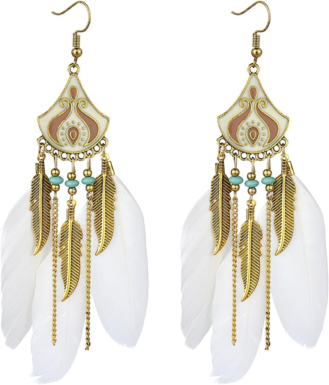 Punk Vintage Long Tassel Feather Earrings for Women Bohemian Handmade Natural Pendant Earring Fish Hook Earrings Vintage Boho Multicolor Tassel Feathers Dangle Drop Earrings Jewelry