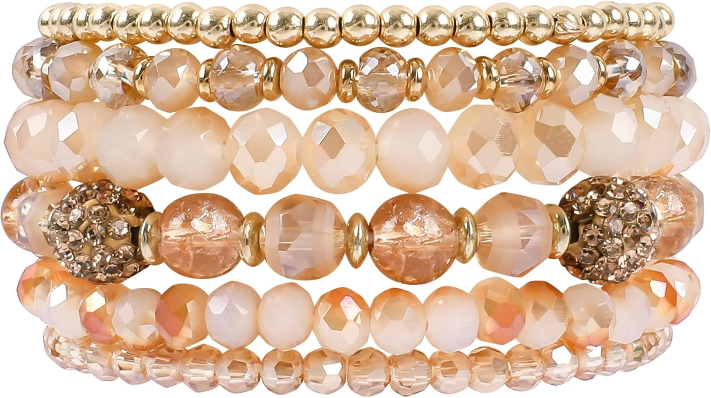 Bohemian Beaded Bracelets for Women Stackable Glass Beads Stretch Bracelets Boho Multilayered Disco Ball Faceted Crystal Beads Bracelet Set Handmade Trendy Jewelry Gift for Women