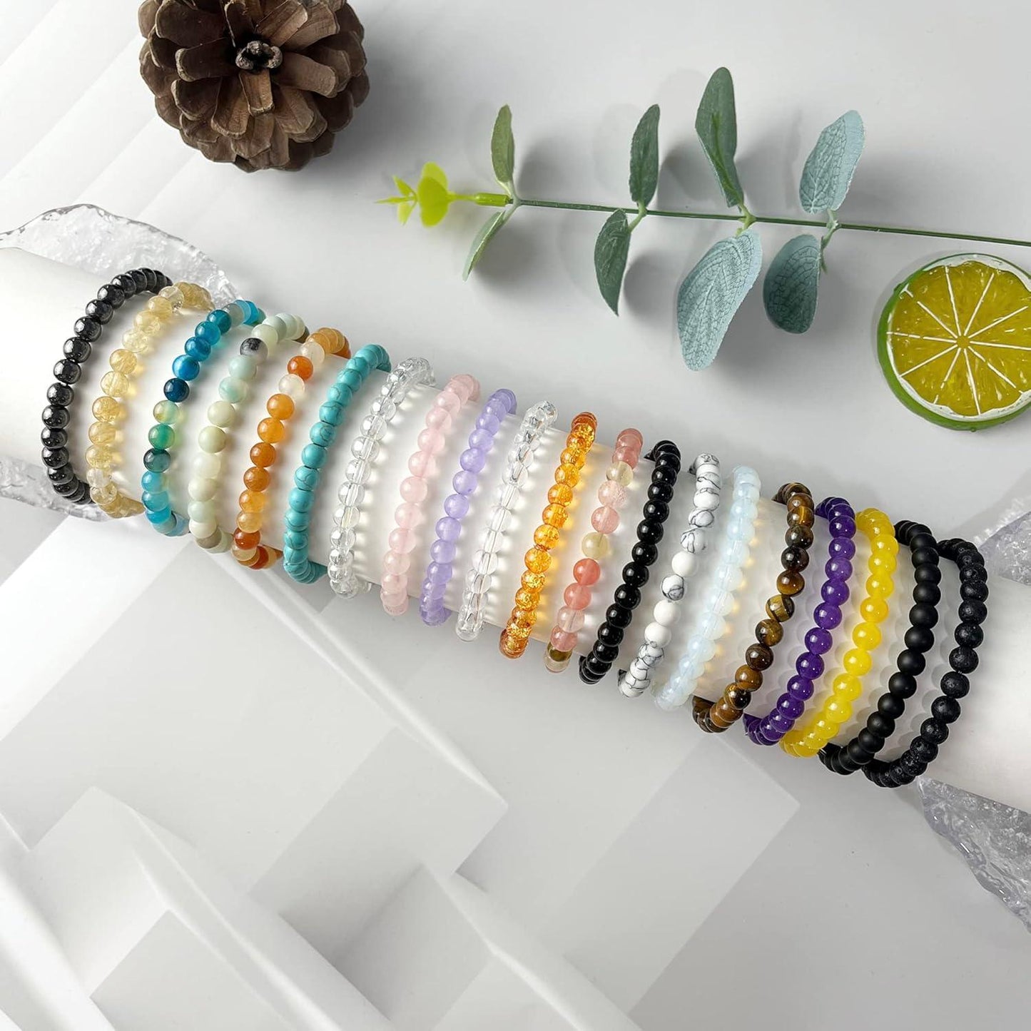 20Pcs 6mm Gemstones Beaded Stretch Bracelet for Women Crystal Stone Bracelets Round Beads Semi-Precious Stretch Bracelet Set Unisex