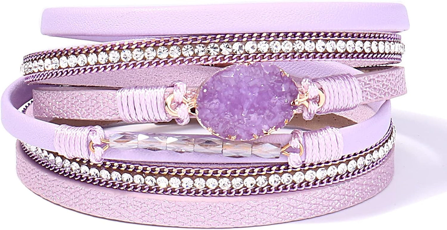 Leather Wrap Bracelet Boho Cuff Bangle Bracelets Crystal Bead Bracelet with Magnetic Clasp Jewelry Gifts for Women