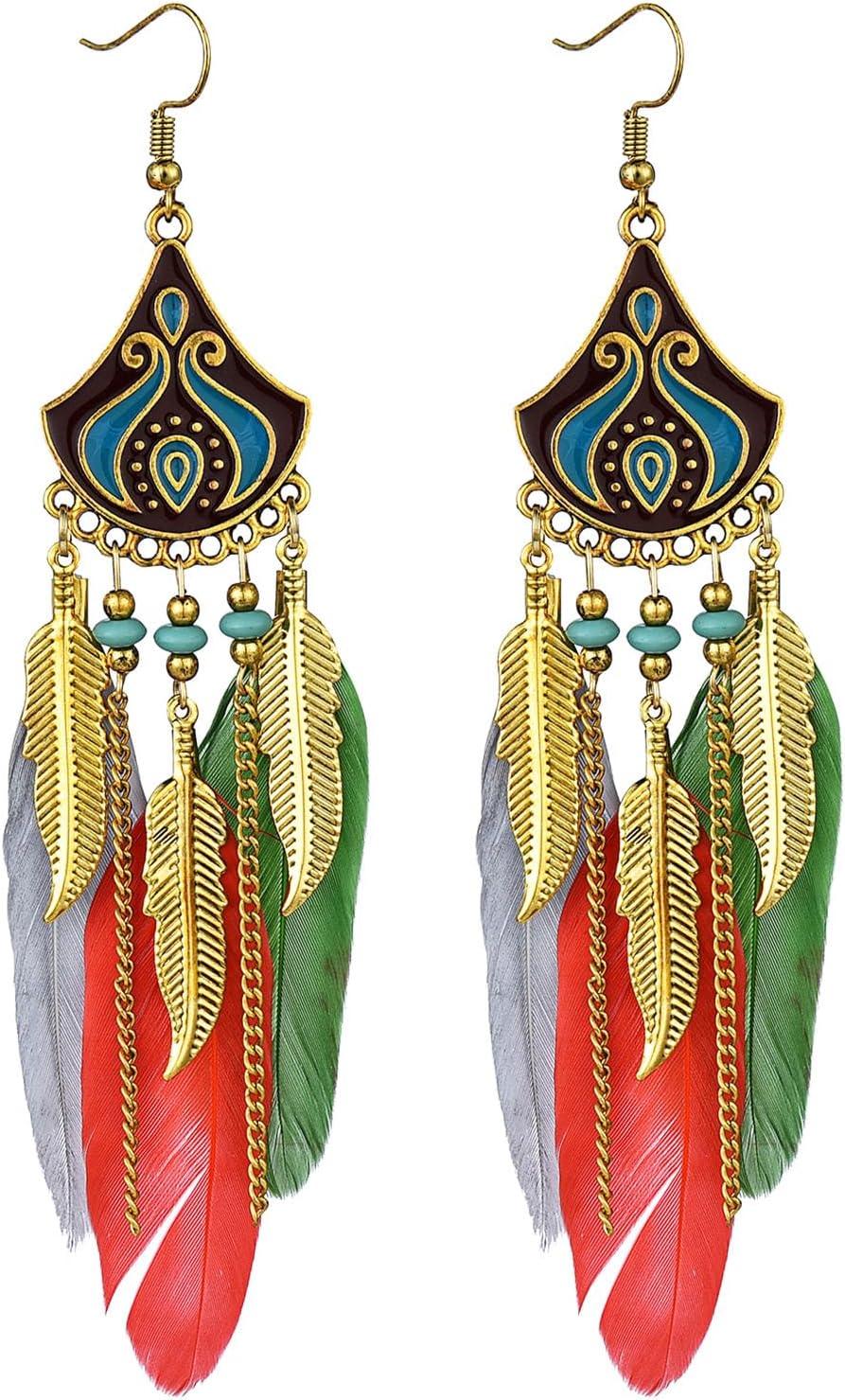 Punk Vintage Long Tassel Feather Earrings for Women Bohemian Handmade Natural Pendant Earring Fish Hook Earrings Vintage Boho Multicolor Tassel Feathers Dangle Drop Earrings Jewelry