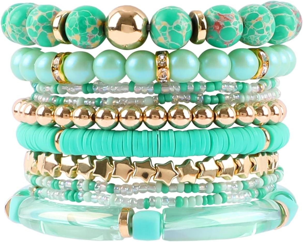 Bohemian Natural Stone Beaded Bracelets for Women Men Stackable Stretch Beads Bracelet Set with Charm and Tassel Multilayered Elastic Gemstone Bracelets Summer Beach Boho Jewelry Gift for Women