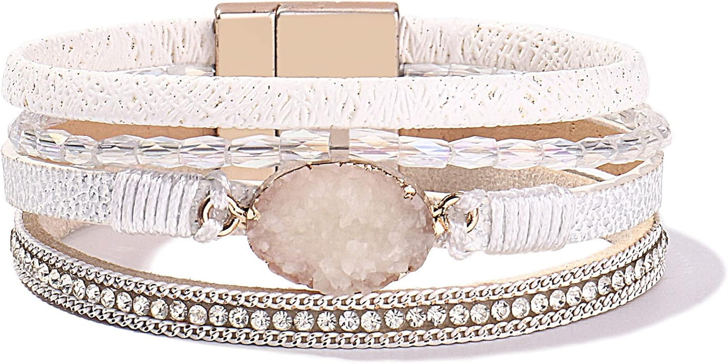 Leather Wrap Bracelet Boho Cuff Bangle Bracelets Crystal Bead Bracelet with Magnetic Clasp Jewelry Gifts for Women
