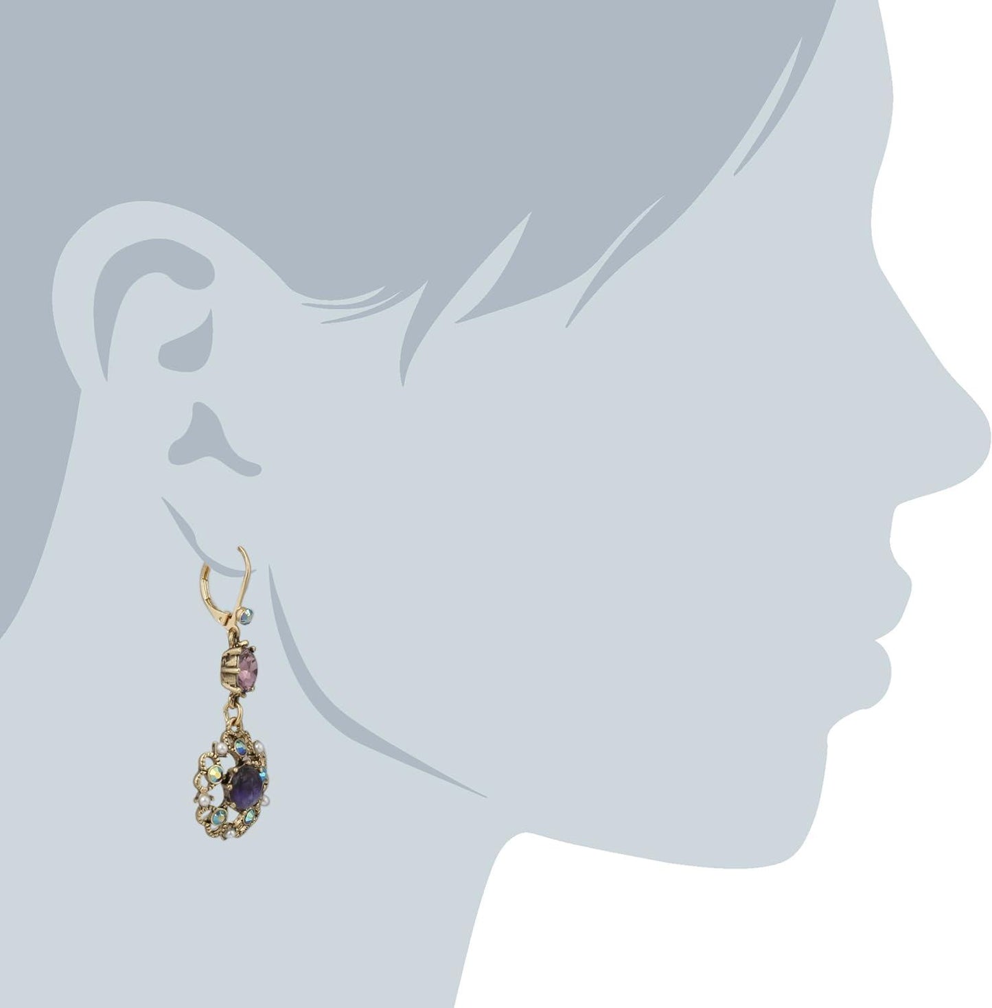 Carved Flower Medallion & Crystal Gem Drop Earrings,Purple