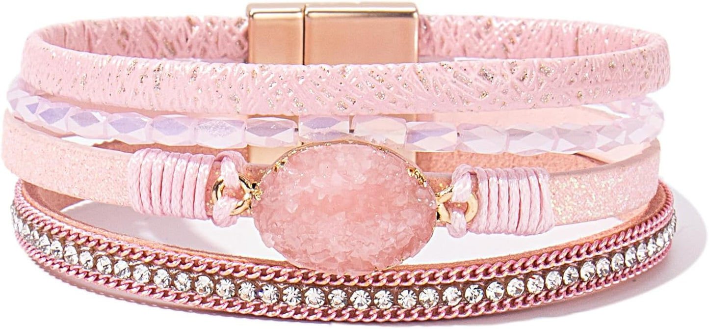 Leather Wrap Bracelet Boho Cuff Bangle Bracelets Crystal Bead Bracelet with Magnetic Clasp Jewelry Gifts for Women