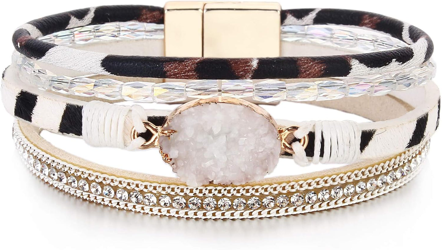 Leather Wrap Bracelet Boho Cuff Bangle Bracelets Crystal Bead Bracelet with Magnetic Clasp Jewelry Gifts for Women