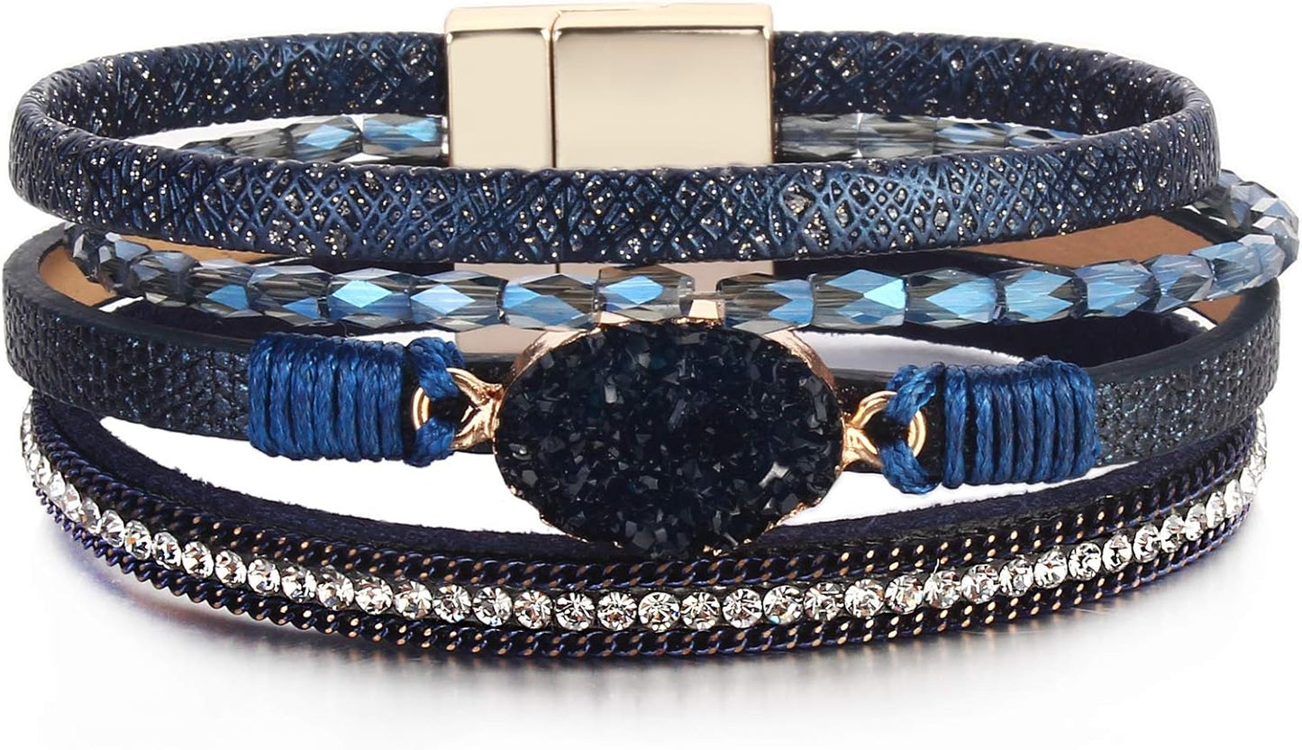 Leather Wrap Bracelet Boho Cuff Bangle Bracelets Crystal Bead Bracelet with Magnetic Clasp Jewelry Gifts for Women