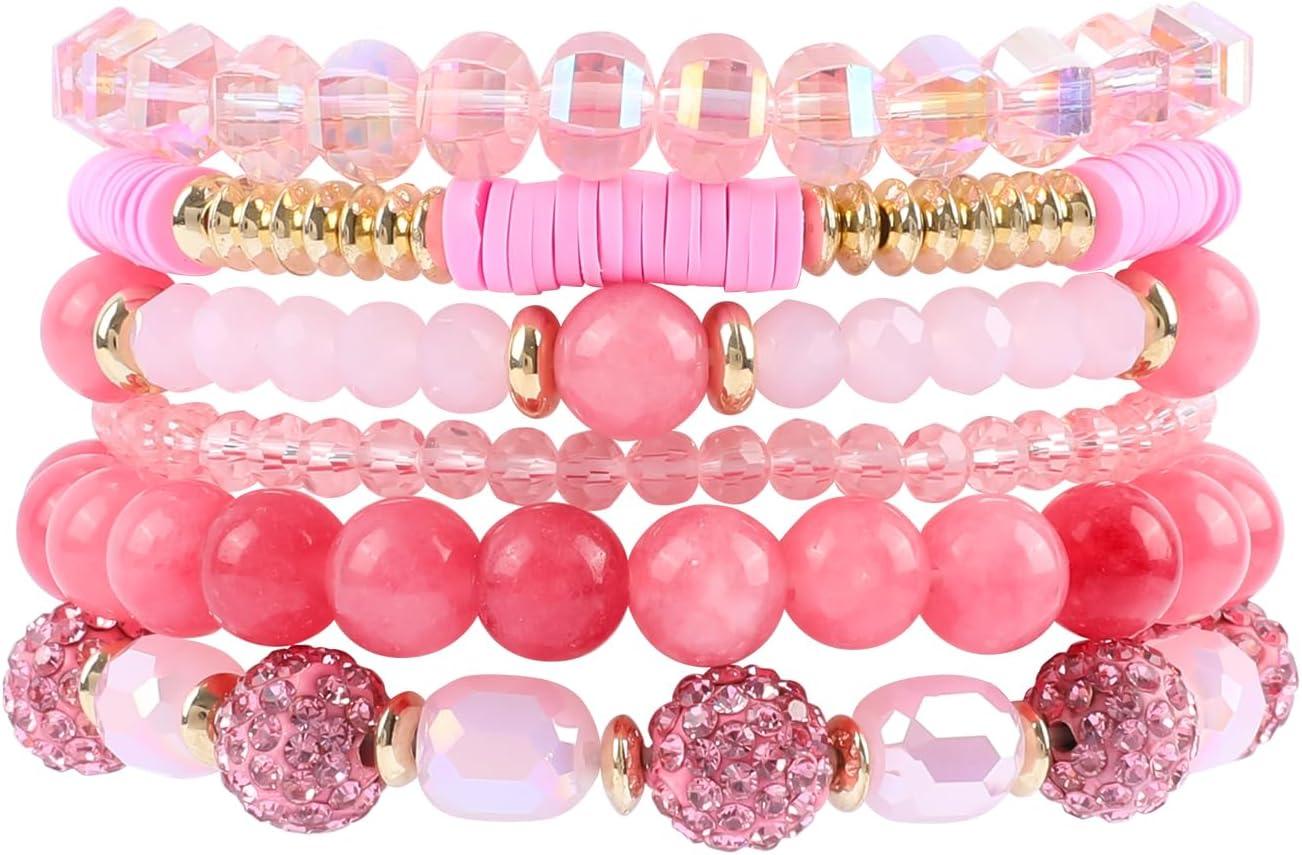 Bohemian Natural Stone Beaded Bracelets for Women Men Stackable Stretch Beads Bracelet Set with Charm and Tassel Multilayered Elastic Gemstone Bracelets Summer Beach Boho Jewelry Gift for Women