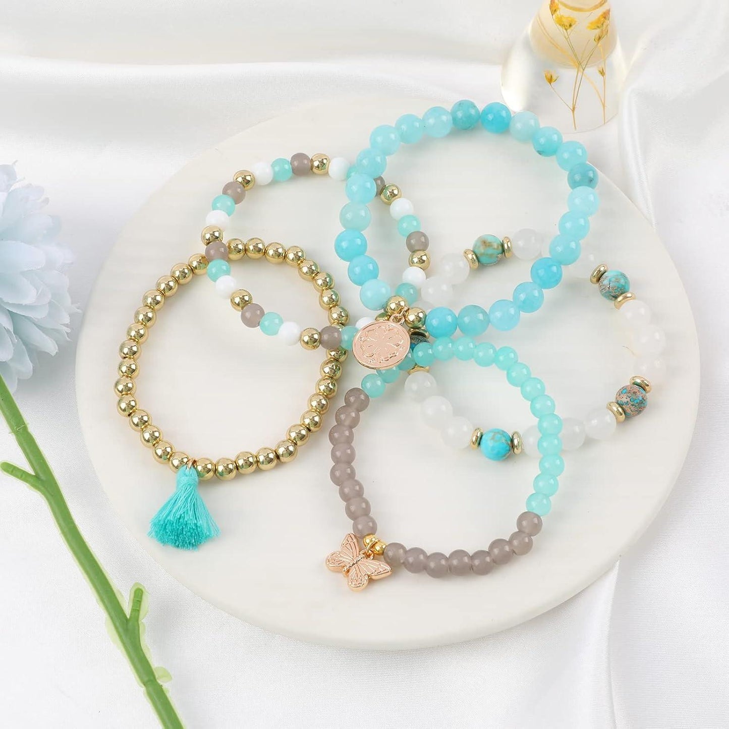 Bohemian Natural Stone Beaded Bracelets for Women Men Stackable Stretch Beads Bracelet Set with Charm and Tassel Multilayered Elastic Gemstone Bracelets Summer Beach Boho Jewelry Gift for Women