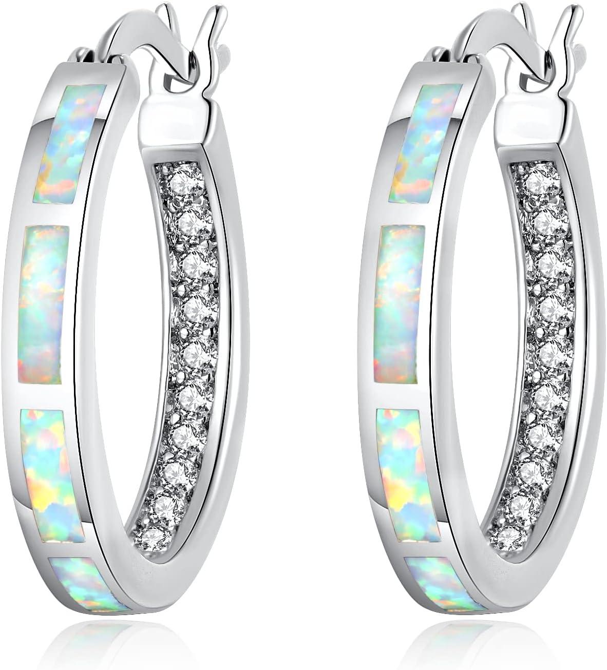 KDTONG Sterling Silver/Rose Gold/Yellow Gold Plated Hoop Earrings 20mm,Multicolor Opal Small Hoop Earrings for Women Girls Hypoallergenic Jewelry for Sensitive Ears Gemstone Earrings