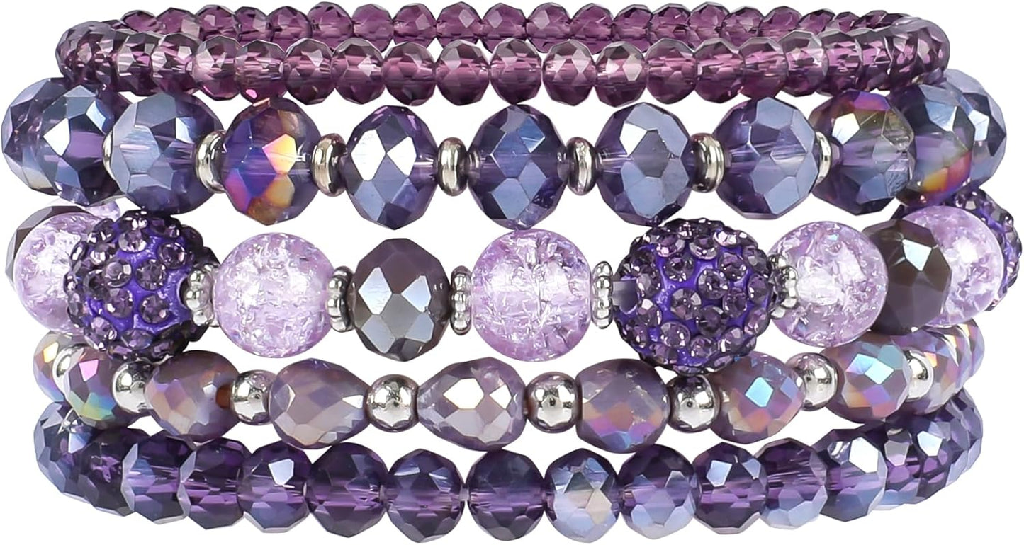 Bohemian Beaded Bracelets for Women Stackable Glass Beads Stretch Bracelets Boho Multilayered Disco Ball Faceted Crystal Beads Bracelet Set Handmade Trendy Jewelry Gift for Women
