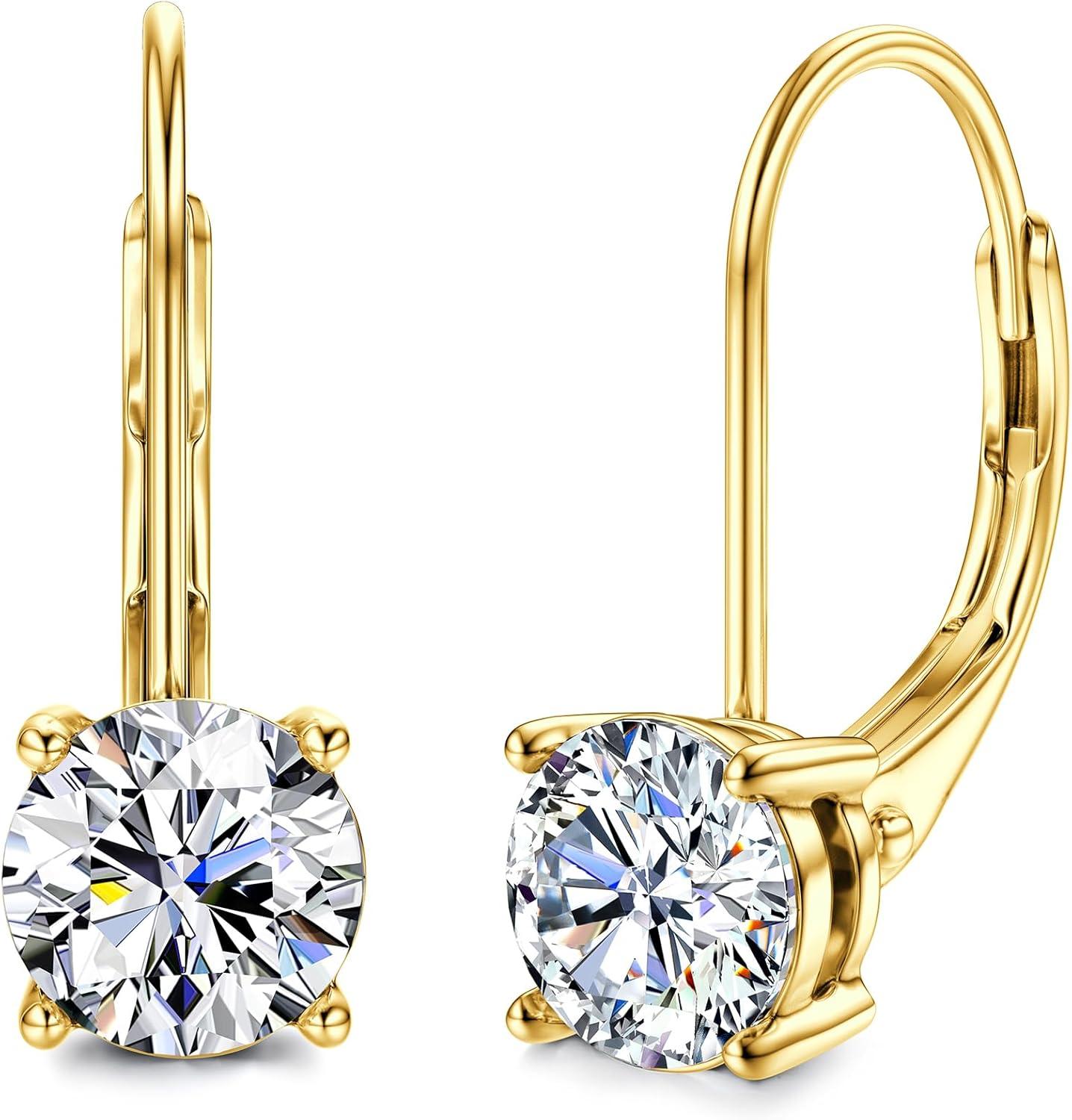 Moissanite Earrings,1.0ct-2.0ct D Color Brilliant Round Cut Lab Created Diamond Earrings 18K White Gold Plated Sterling Silver Dangle Earrings Moissanite Leverback Drop Earrings