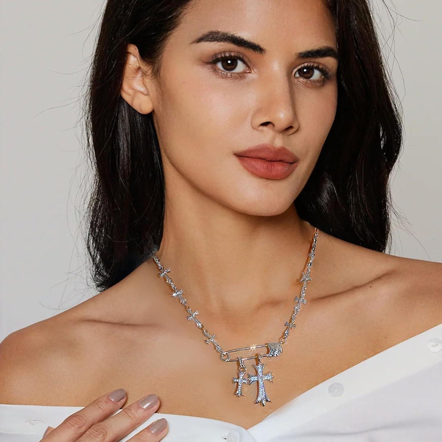 Cross Necklaces for Women, Safety Pin Necklace Silver Cross Cubic Zirconia Pendant Necklace, Faith Cross Necklaces Punk Goth Jewelry for Women Men
