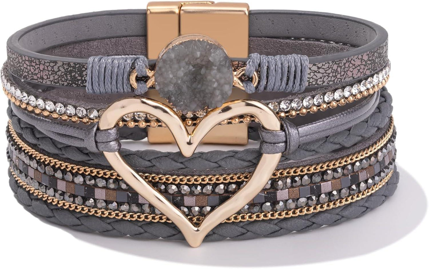 Heart Leather Wrap Bracelets Stackable Boho Cuff Bangles Trendy Resin Stone Rhinestone Bracelets with Magnetic Clasp for Women Mother Gift Jewelry