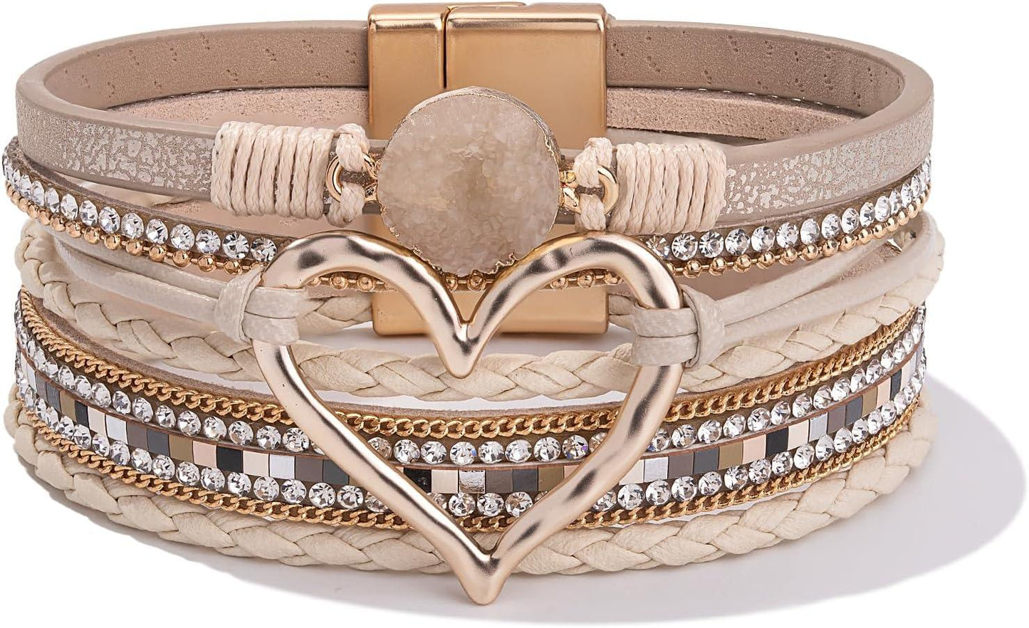 Heart Leather Wrap Bracelets Stackable Boho Cuff Bangles Trendy Resin Stone Rhinestone Bracelets with Magnetic Clasp for Women Mother Gift Jewelry