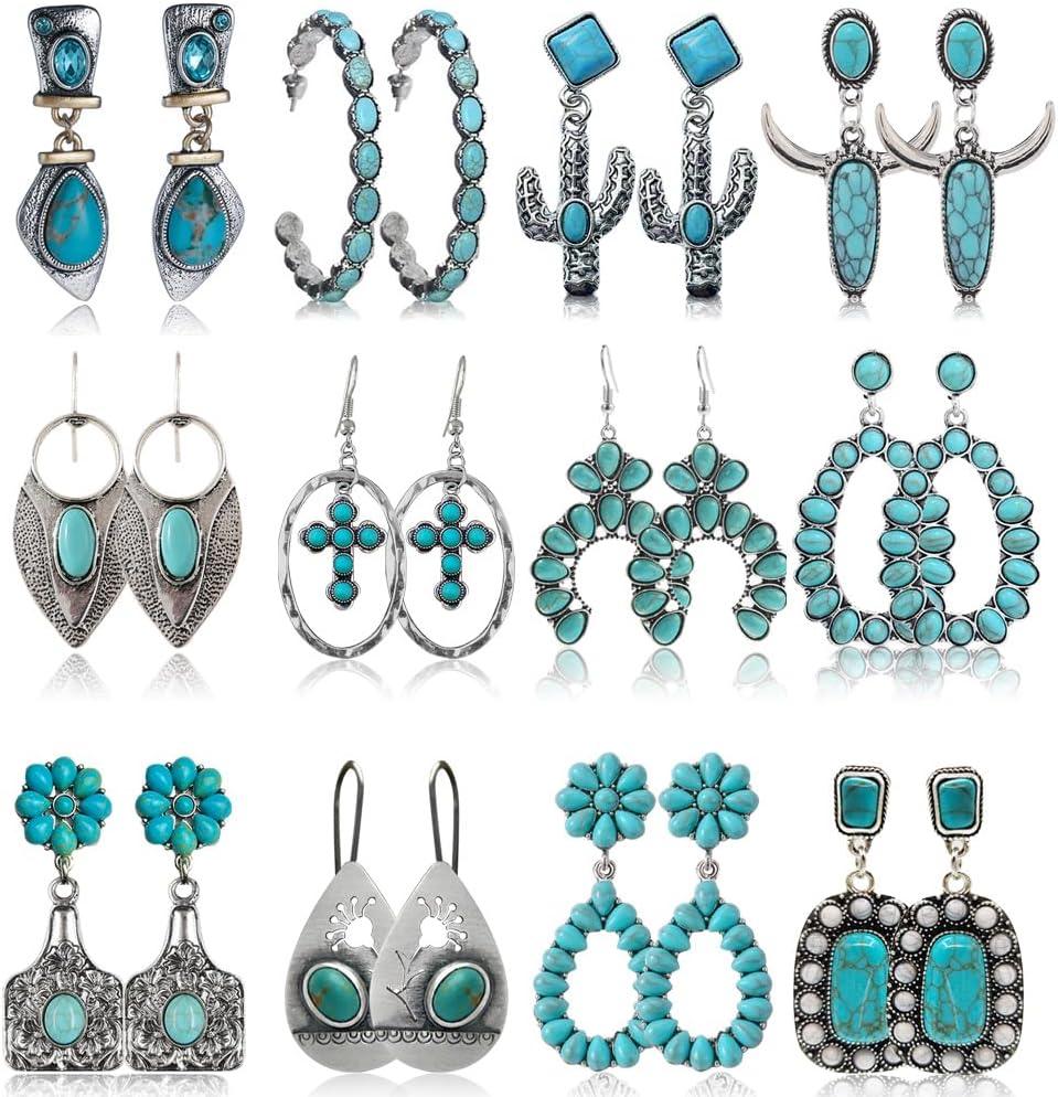 KDTONG 12 Pairs Teardrop Druse Crystal Drop Dangle Earrings for Women Cubic Zirconia Huggie Hoop Earring Jewelry Set Christmas Gifts