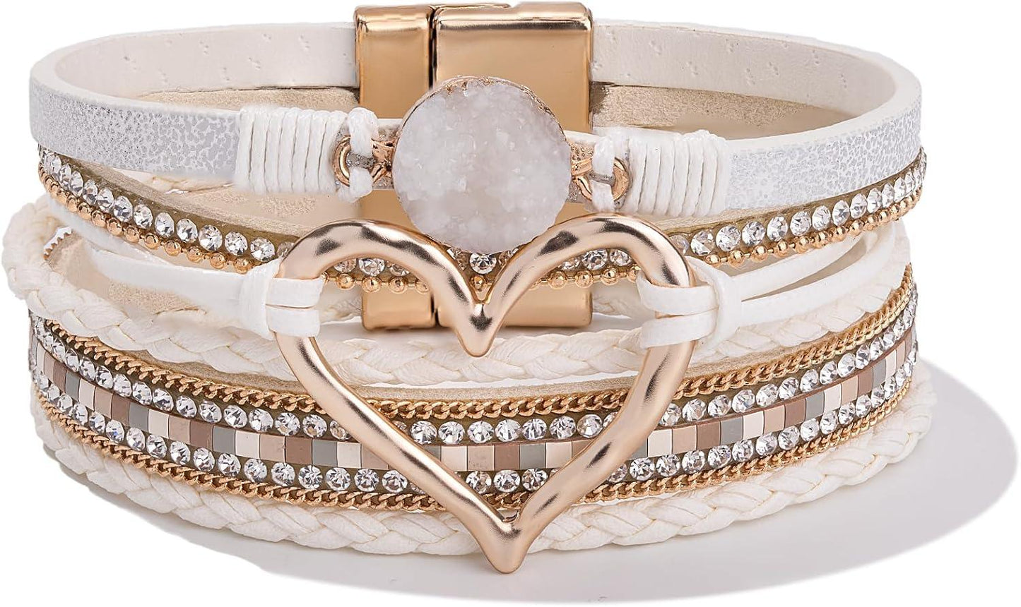 Heart Leather Wrap Bracelets Stackable Boho Cuff Bangles Trendy Resin Stone Rhinestone Bracelets with Magnetic Clasp for Women Mother Gift Jewelry